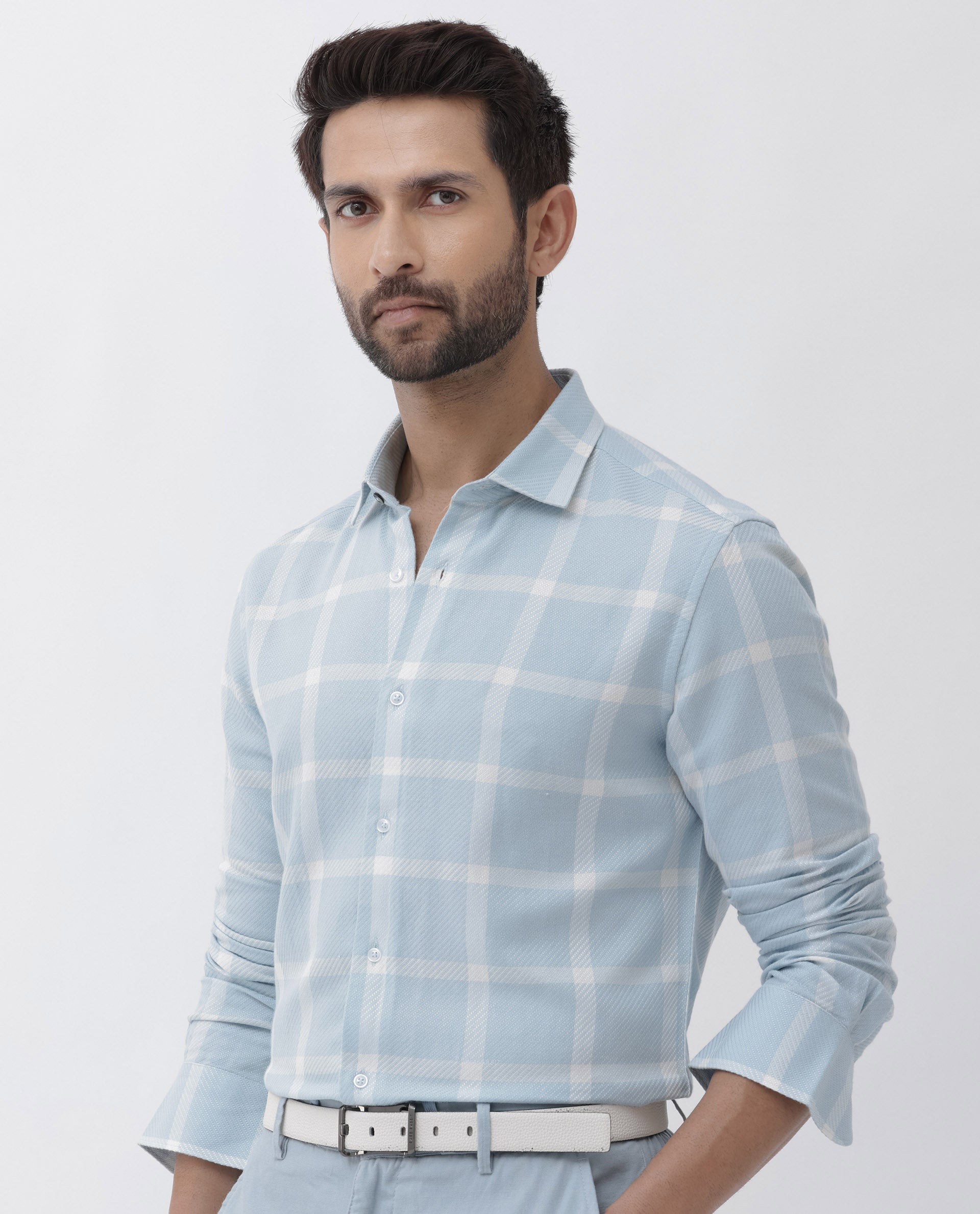 Rare Rabbit Mens Pierce Light Blue Cotton Viscose Fabric Full Sleeves Checks Shirt