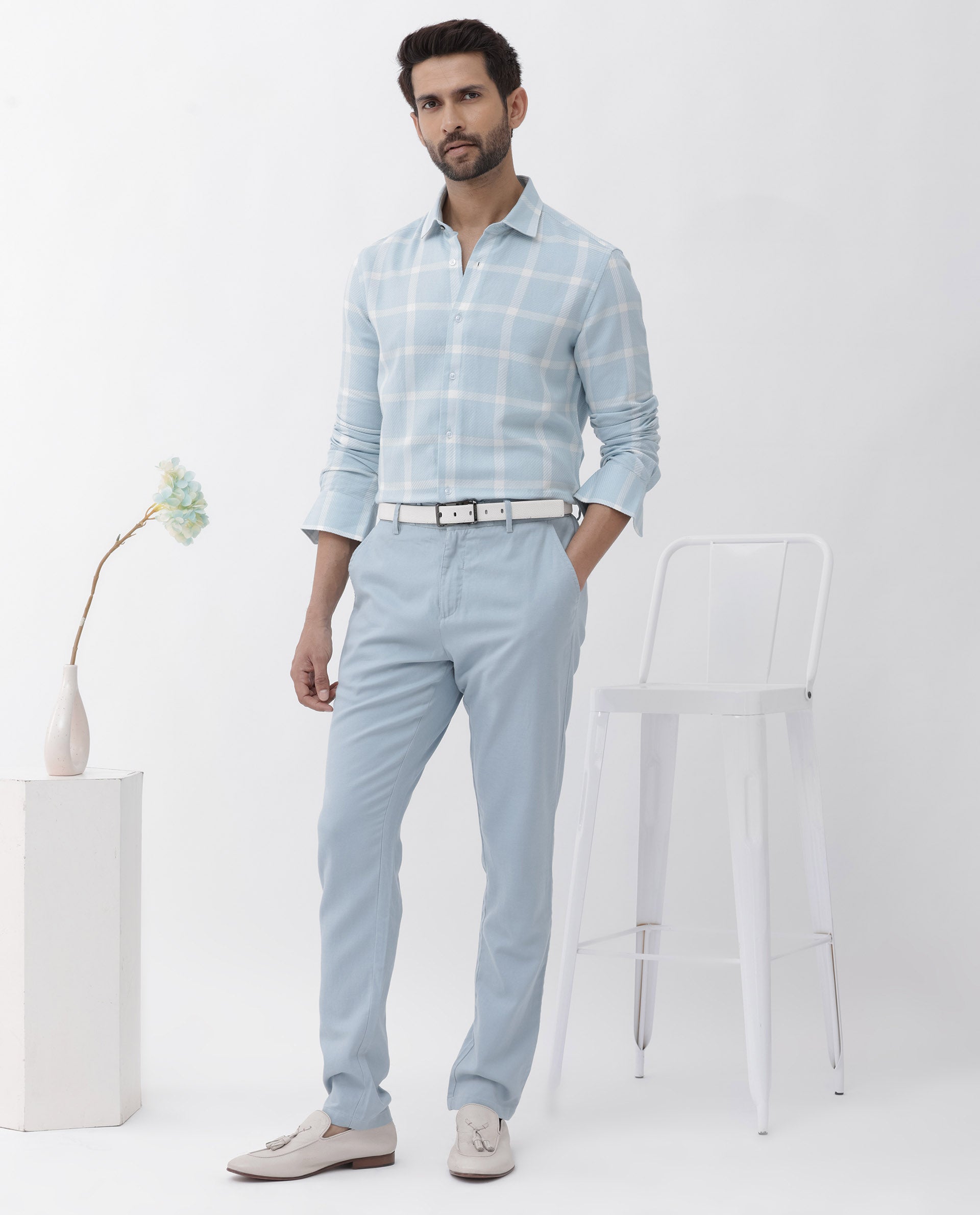 Rare Rabbit Mens Pierce Light Blue Cotton Viscose Fabric Full Sleeves Checks Shirt