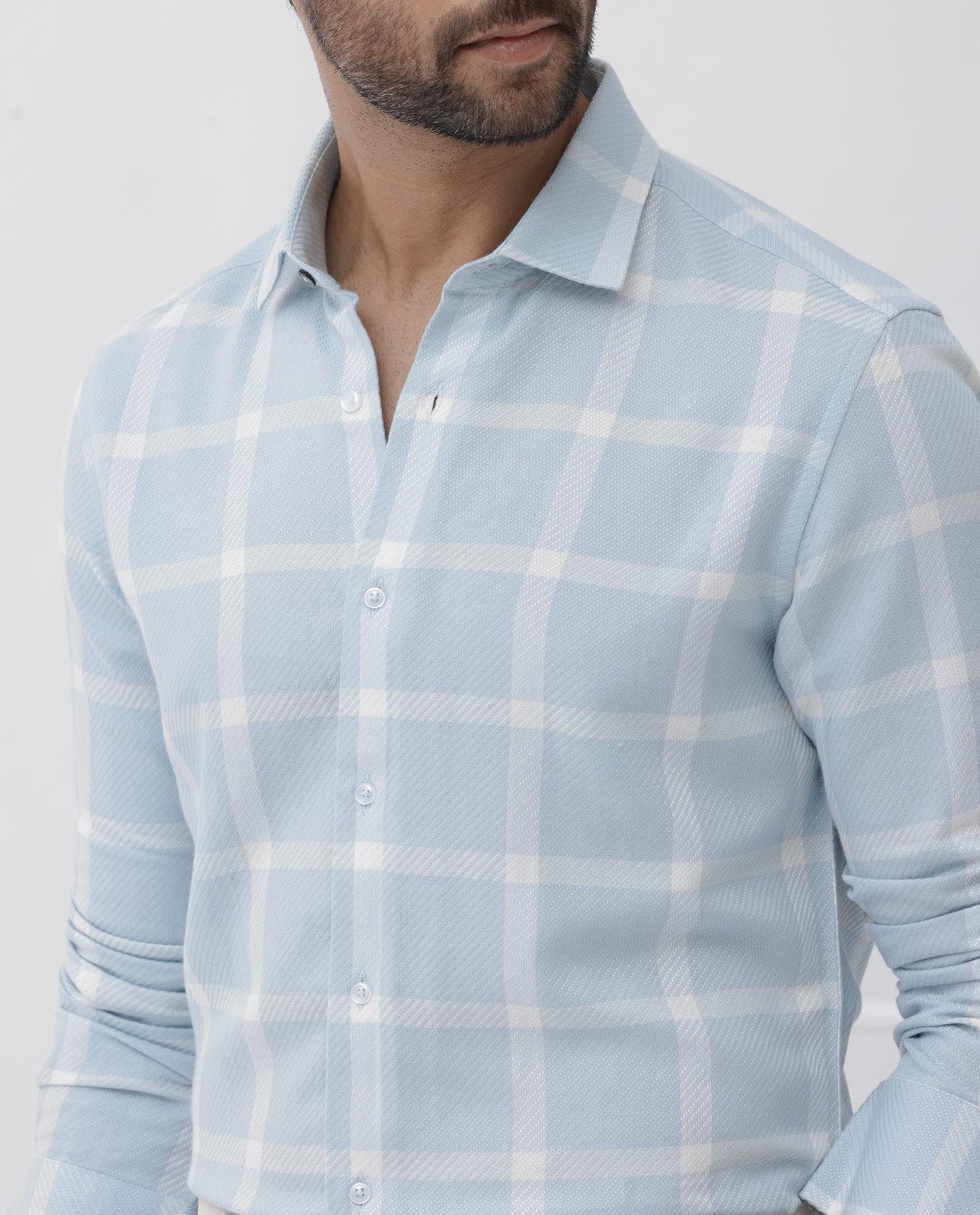 Rare Rabbit Mens Pierce Light Blue Cotton Viscose Fabric Full Sleeves Checks Shirt