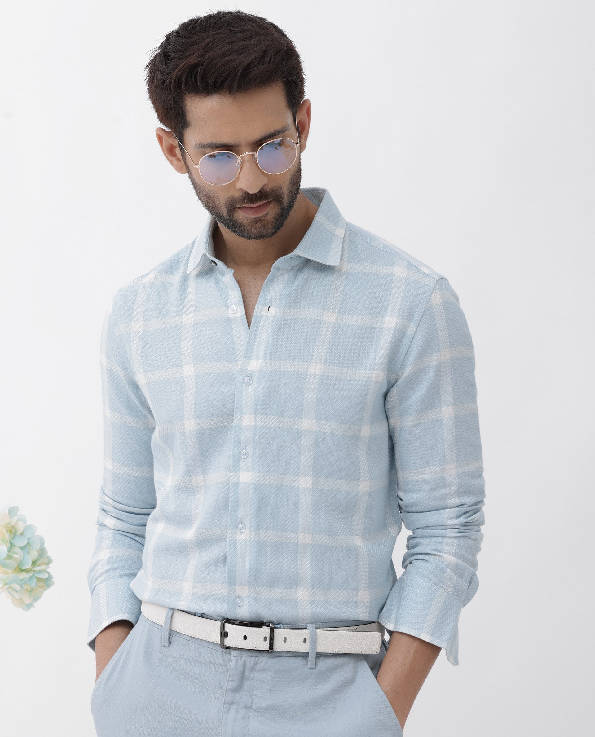 Rare Rabbit Mens Pierce Light Blue Cotton Viscose Fabric Full Sleeves Checks Shirt