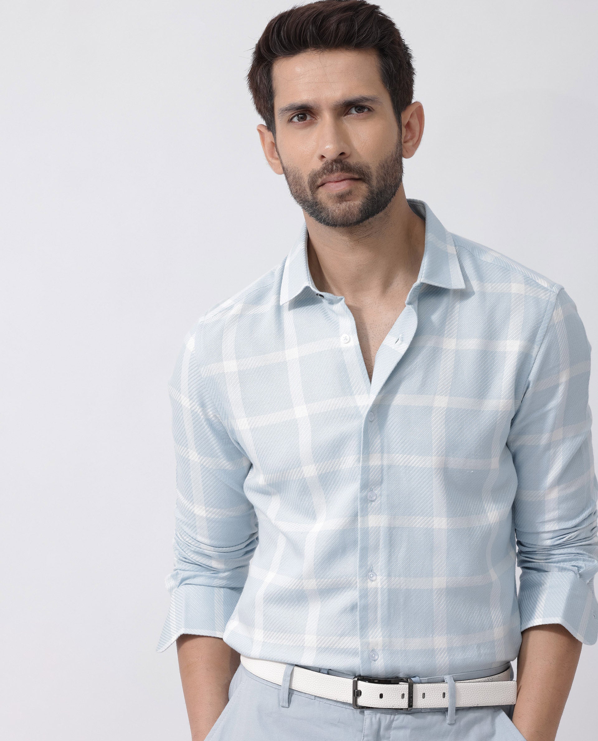 Rare Rabbit Mens Pierce Light Blue Cotton Viscose Fabric Full Sleeves Checks Shirt