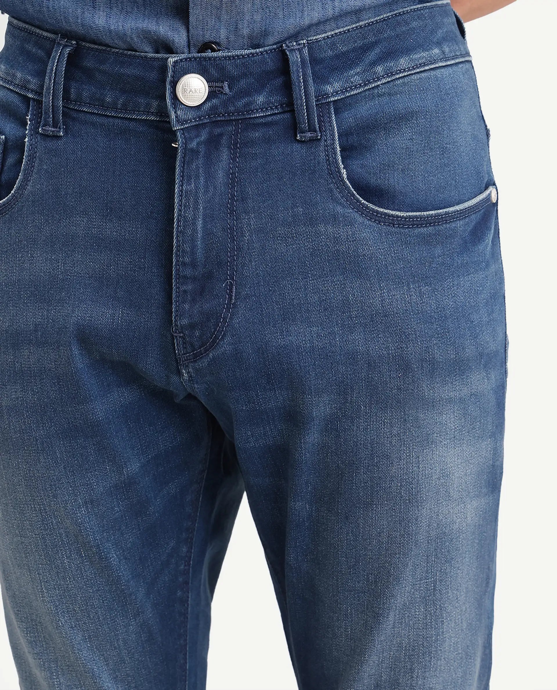 Rare Rabbit Men's Pine 1 Blue Cotton Blend Hawk Slim Plain Jeans