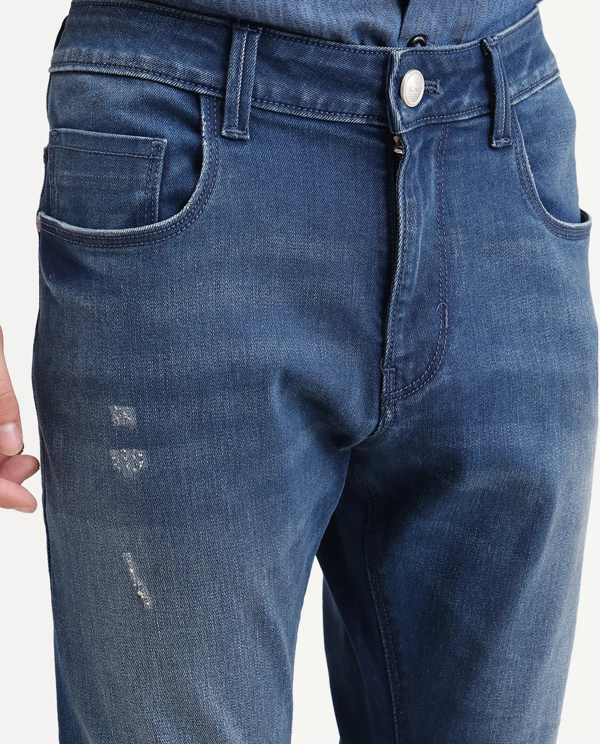 Rare Rabbit Men's Pine 1 Blue Cotton Blend Hawk Slim Plain Jeans