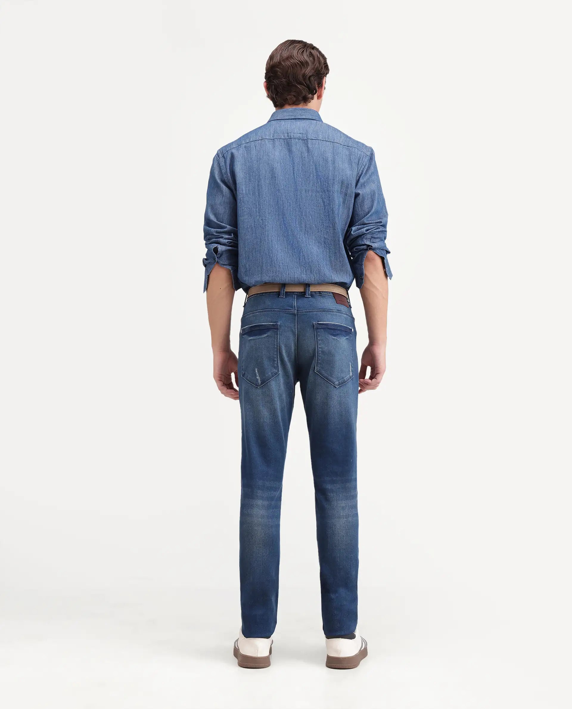 Rare Rabbit Men's Pine 1 Blue Cotton Blend Hawk Slim Plain Jeans