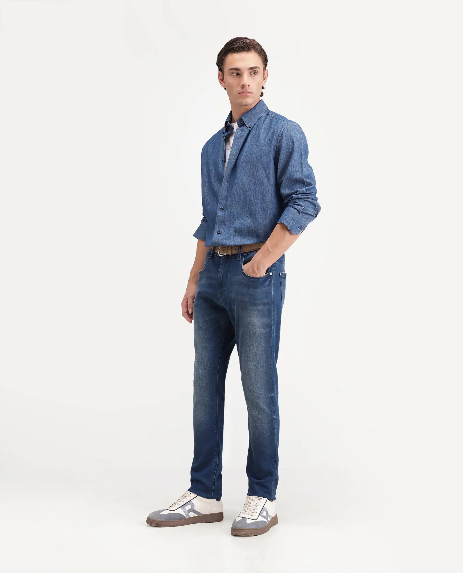 Rare Rabbit Men's Pine 1 Blue Cotton Blend Hawk Slim Plain Jeans