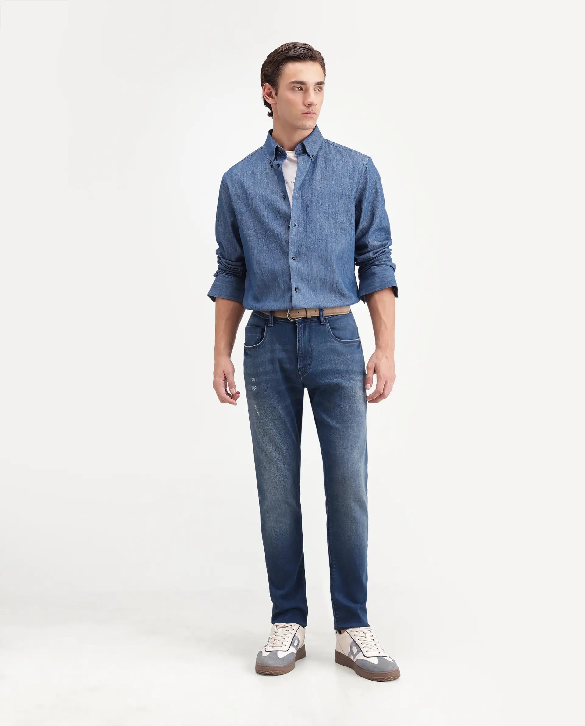 Rare Rabbit Men's Pine 1 Blue Cotton Blend Hawk Slim Plain Jeans