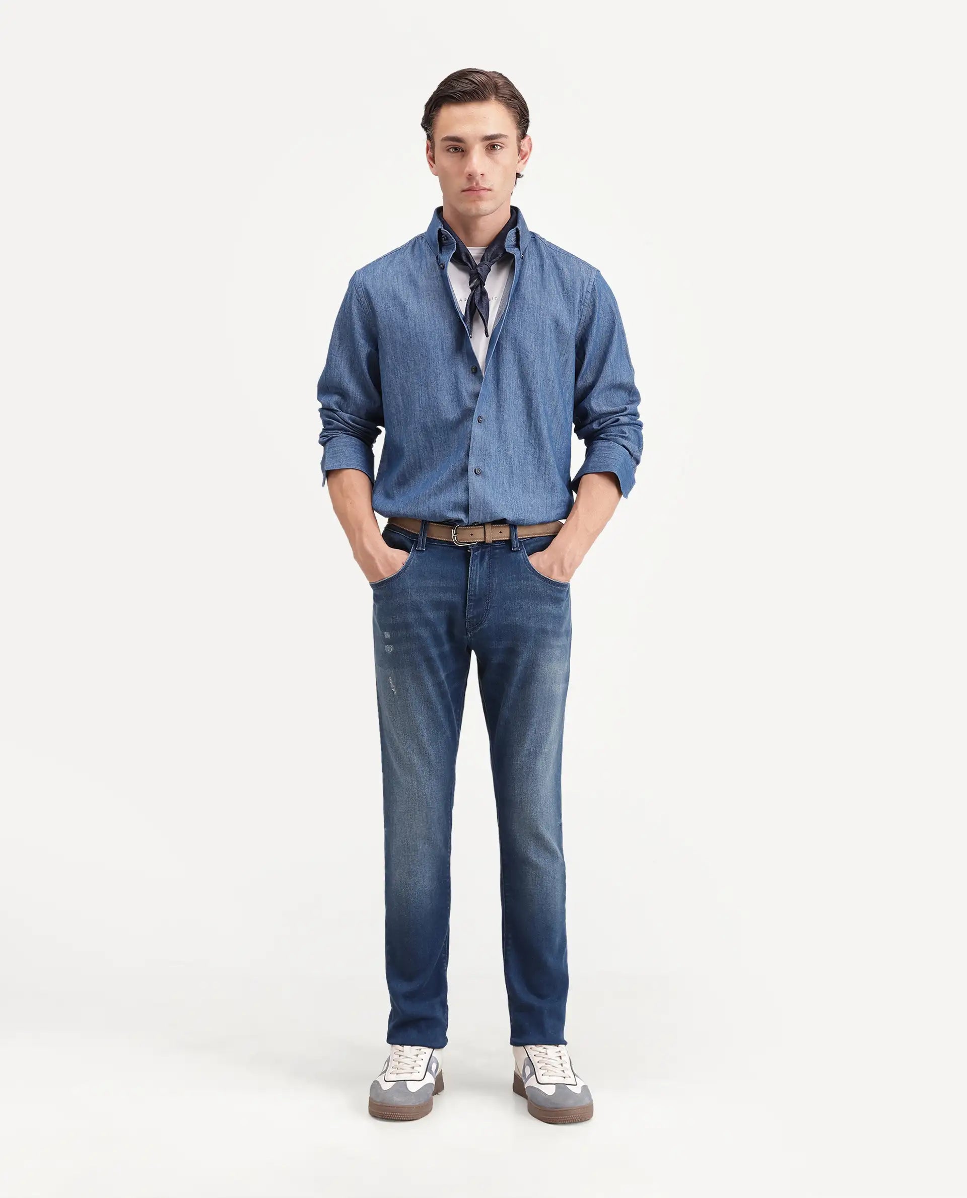 Rare Rabbit Men's Pine 1 Blue Cotton Blend Hawk Slim Plain Jeans