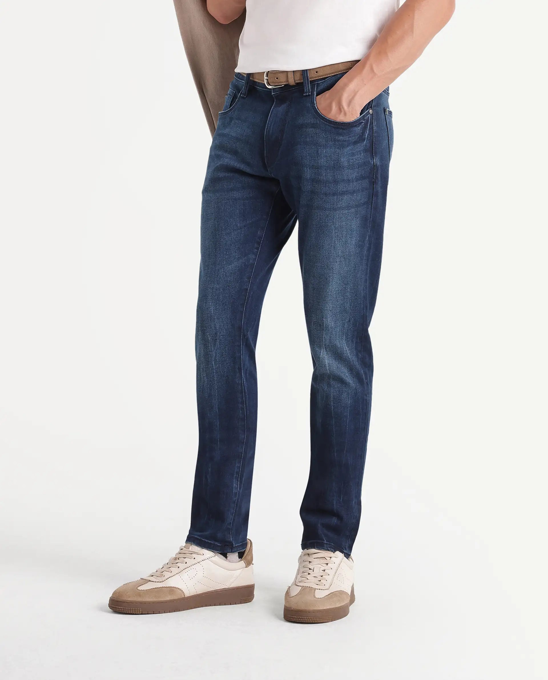Rare Rabbit Men's Pine Dark Navy Cotton Blend Hawk Slim Plain Jeans