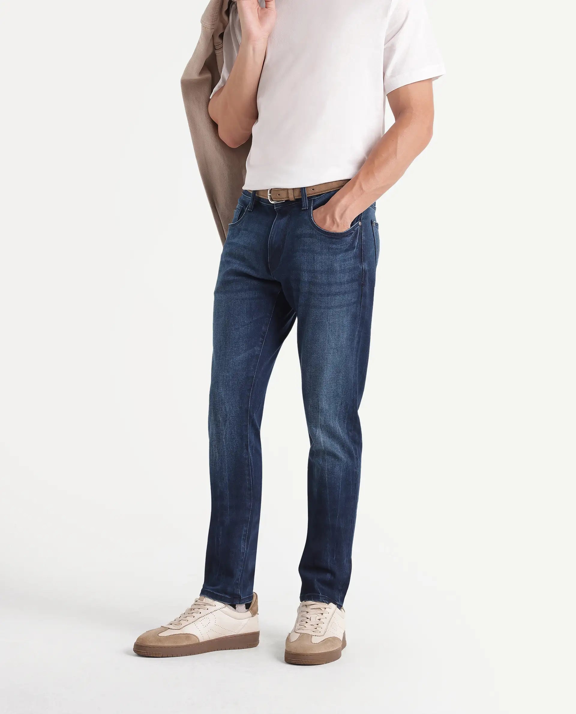 Rare Rabbit Men's Pine Dark Navy Cotton Blend Hawk Slim Plain Jeans