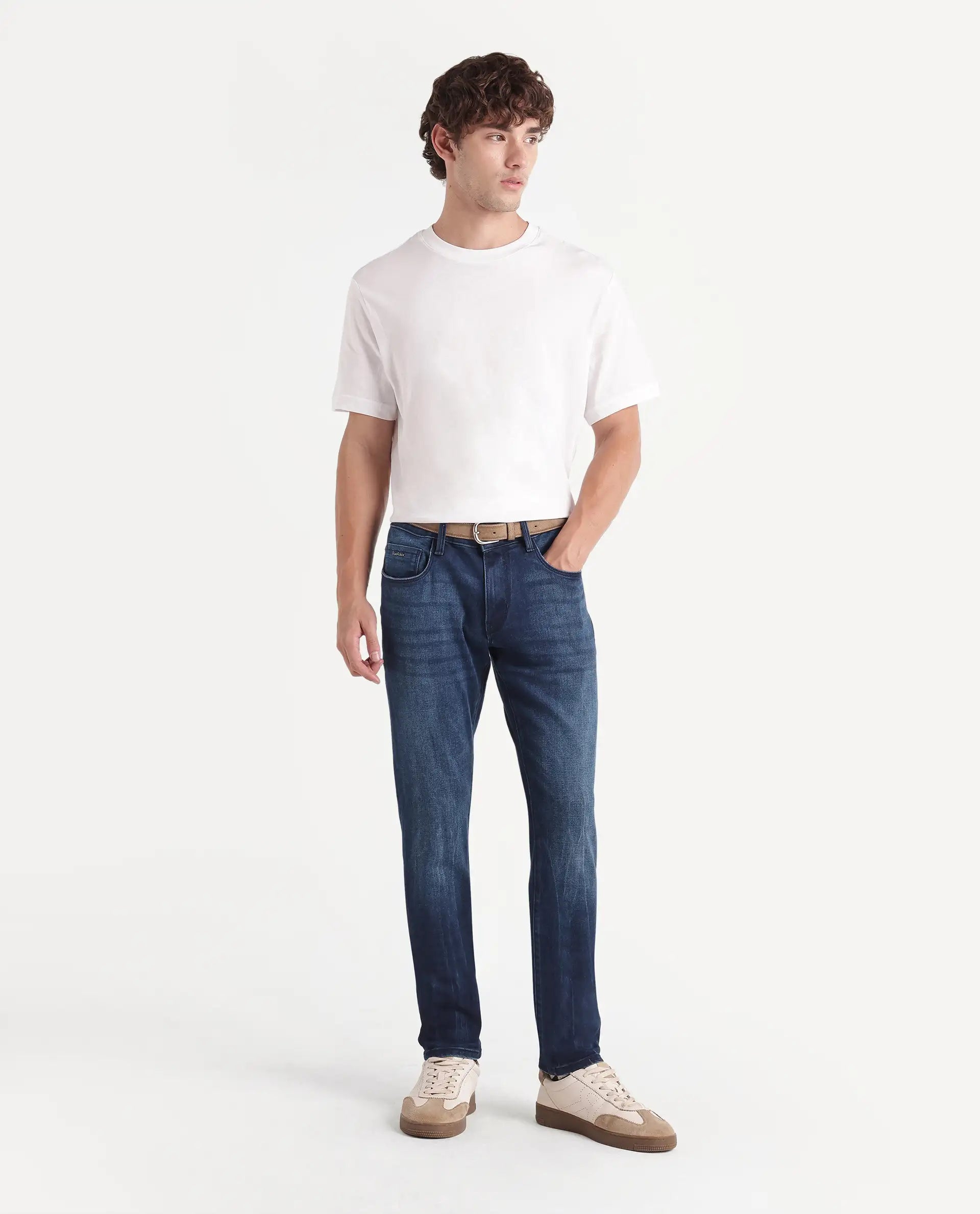 Rare Rabbit Men's Pine Dark Navy Cotton Blend Hawk Slim Plain Jeans