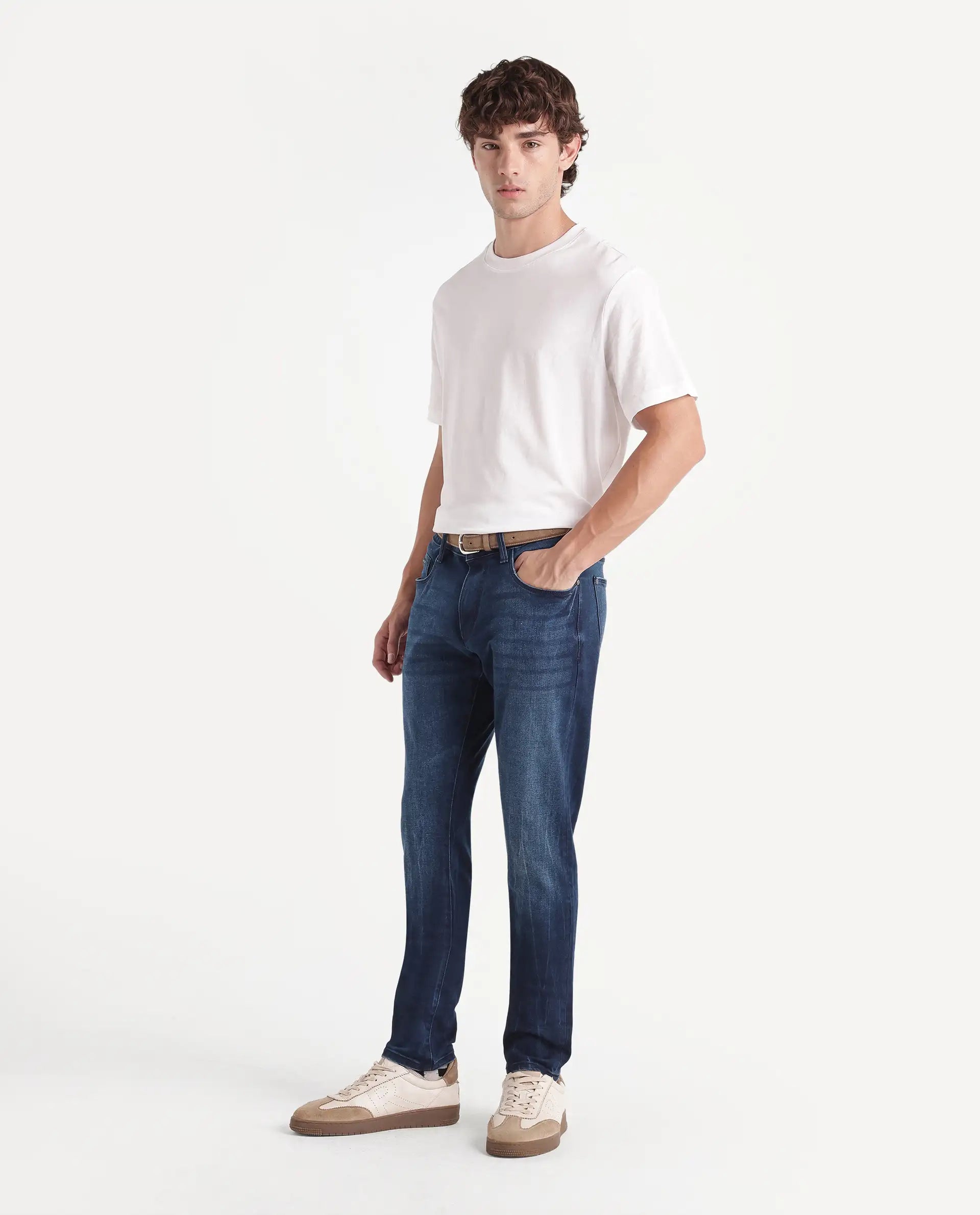 Rare Rabbit Men's Pine Dark Navy Cotton Blend Hawk Slim Plain Jeans