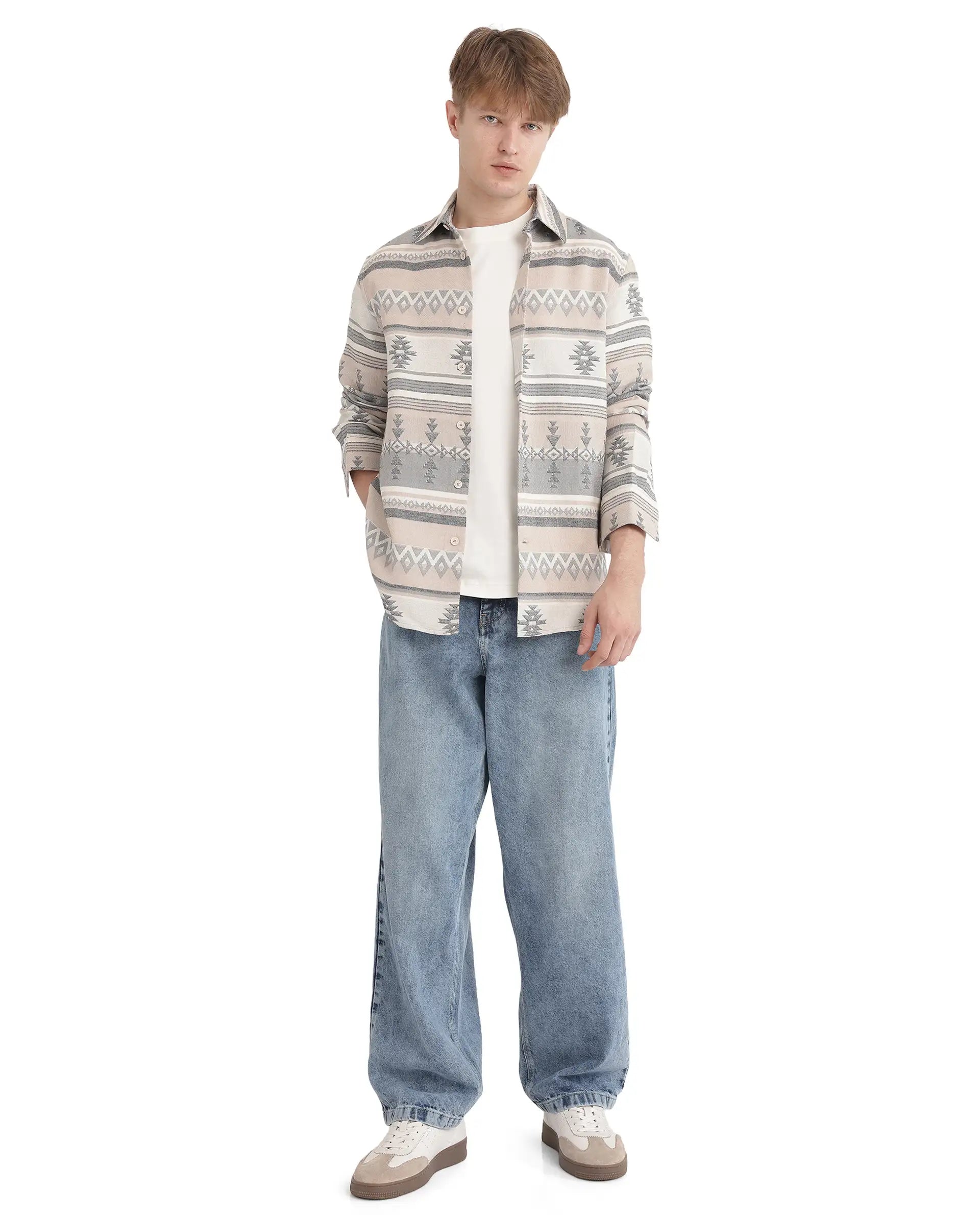 Rare Rabbit Men's Pinter Beige Cotton Blend Fabric Full Sleeve Regular Collared Button Closure Relaxed Fit Jacquard Shirt