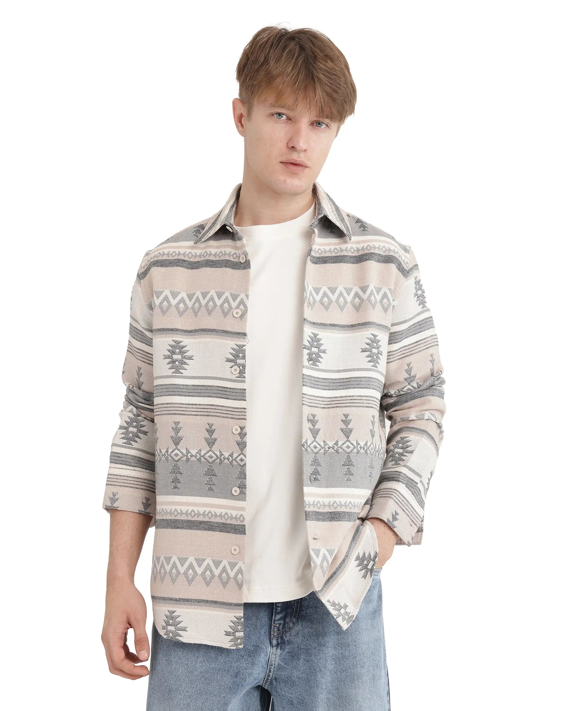 Rare Rabbit Men's Pinter Beige Cotton Blend Fabric Full Sleeve Regular Collared Button Closure Relaxed Fit Jacquard Shirt