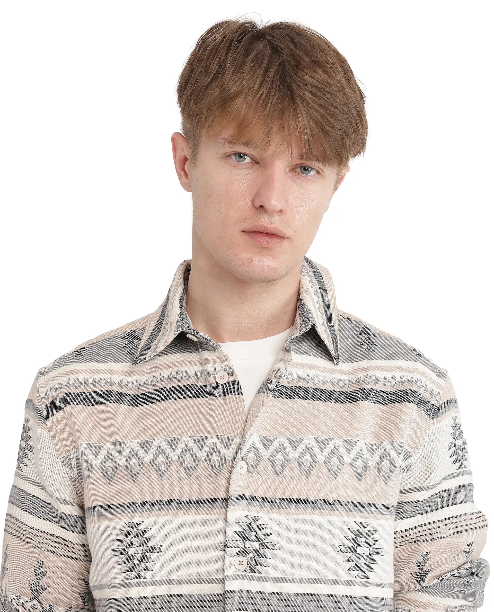 Rare Rabbit Men's Pinter Beige Cotton Blend Fabric Full Sleeve Regular Collared Button Closure Relaxed Fit Jacquard Shirt