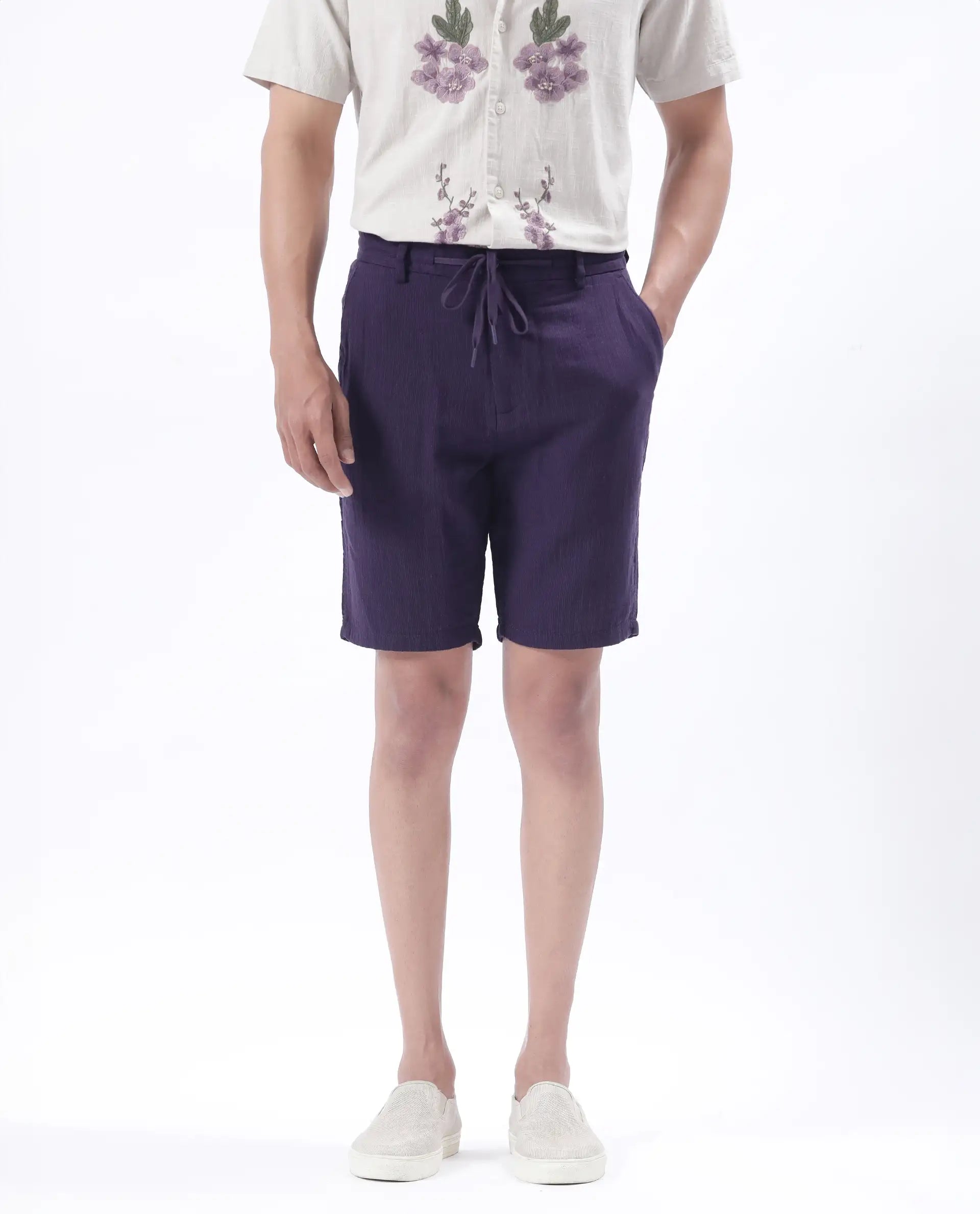 Rare Rabbit Men's Pinto-25 Purple Cotton Blend Plain Regular Fit Shorts