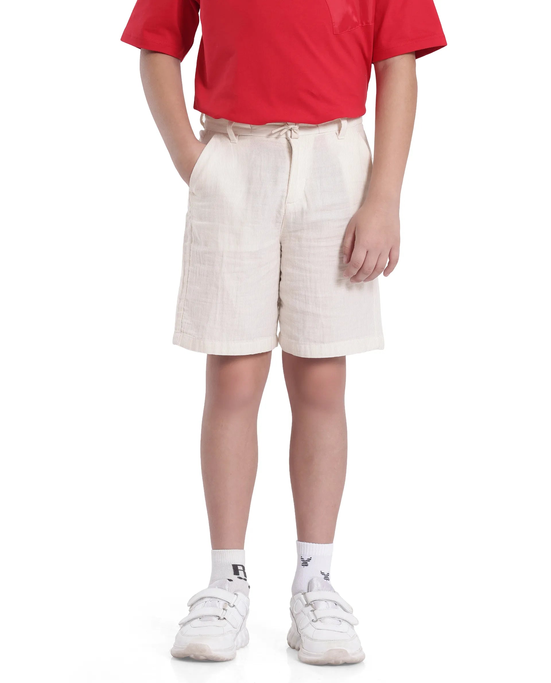 Rare Ones Kids Pinto-K Off White Cotton Solid Drawstring Closure Regular Fit Shorts