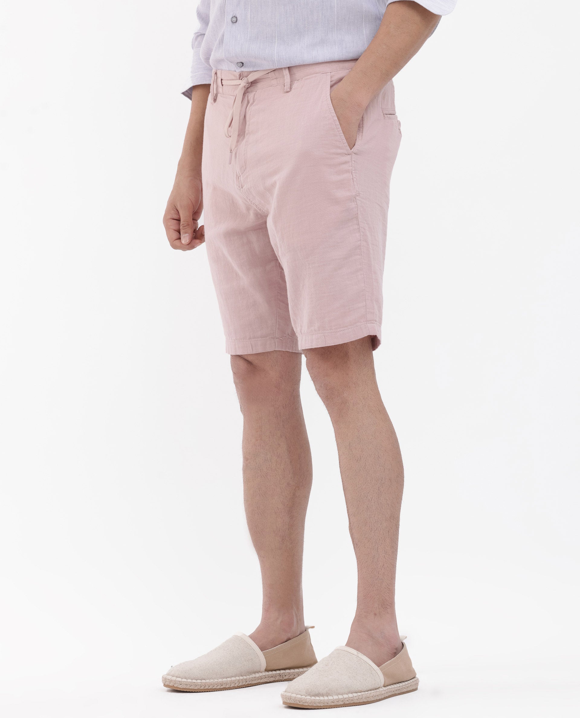 Rare Rabbit Men's Pinto Light Pink Cotton Fabric Drawstring Mid Rise Shorts
