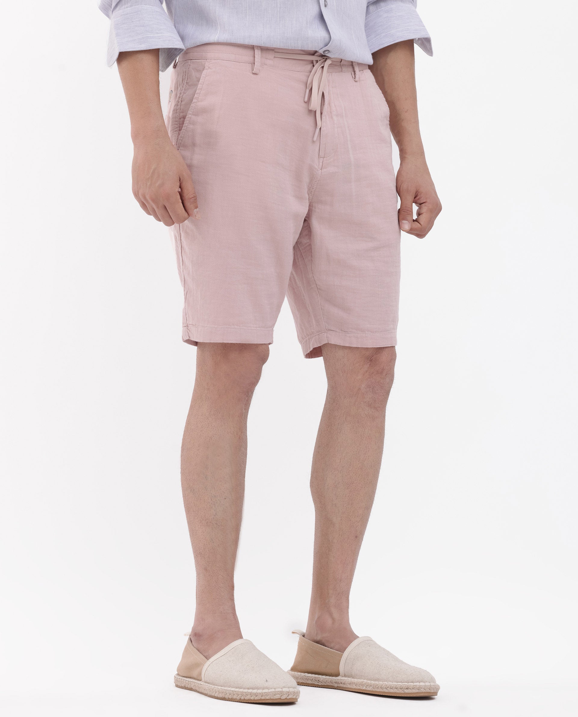Rare Rabbit Men's Pinto Light Pink Cotton Fabric Drawstring Mid Rise Shorts