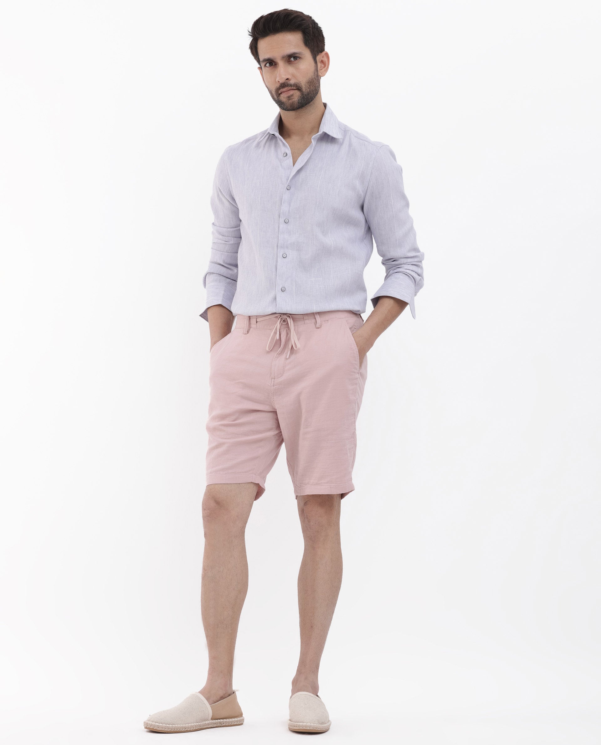 Rare Rabbit Men's Pinto Light Pink Cotton Fabric Drawstring Mid Rise Shorts