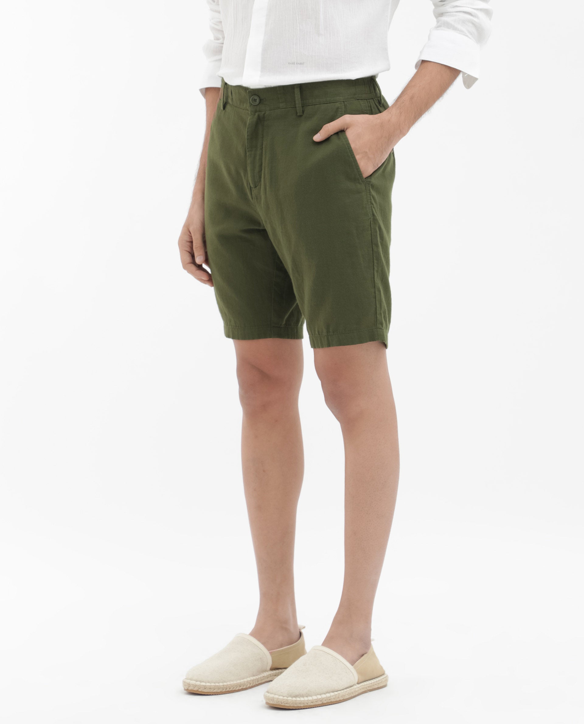 Rare Rabbit Men's Pinto Olive Cotton Fabric Knee Length Solid Shorts