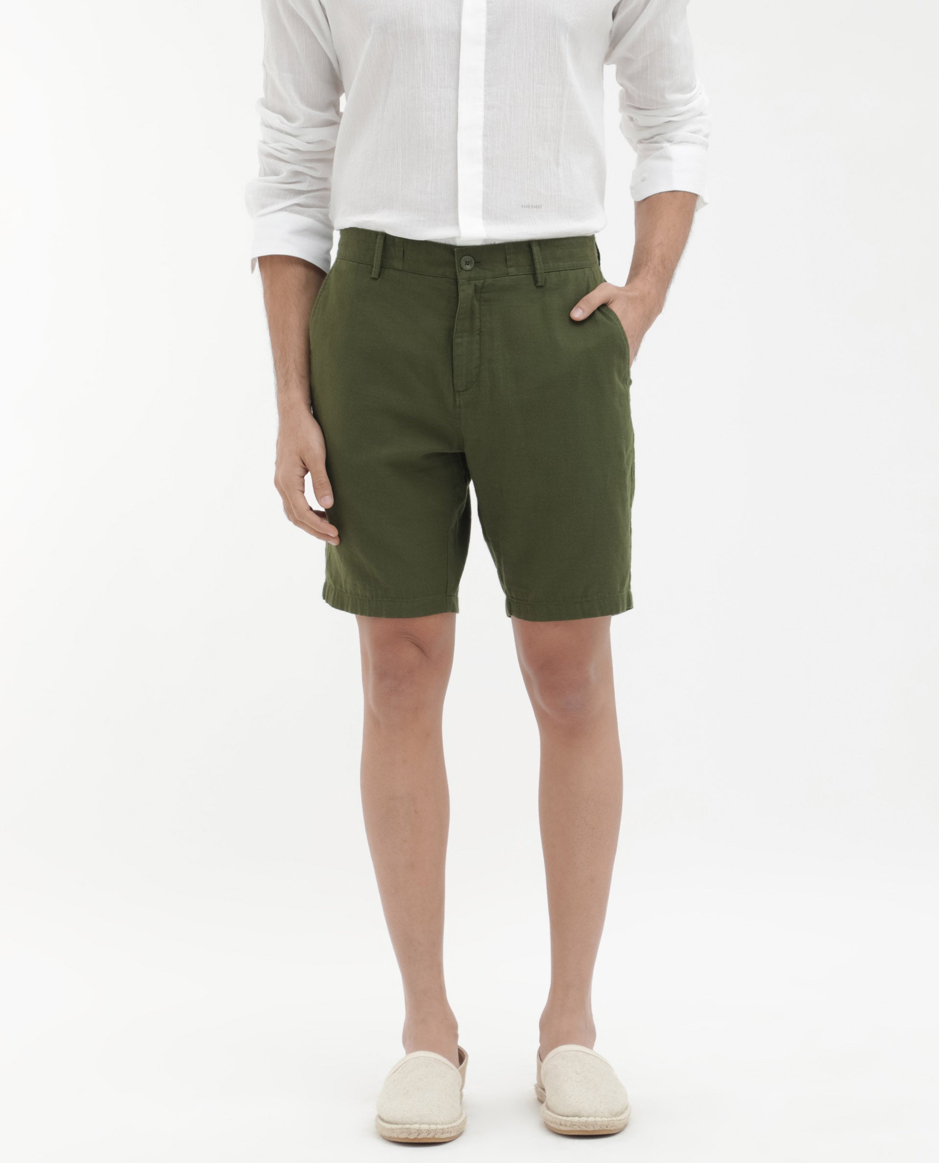 Rare Rabbit Men's Pinto Olive Cotton Fabric Knee Length Solid Shorts