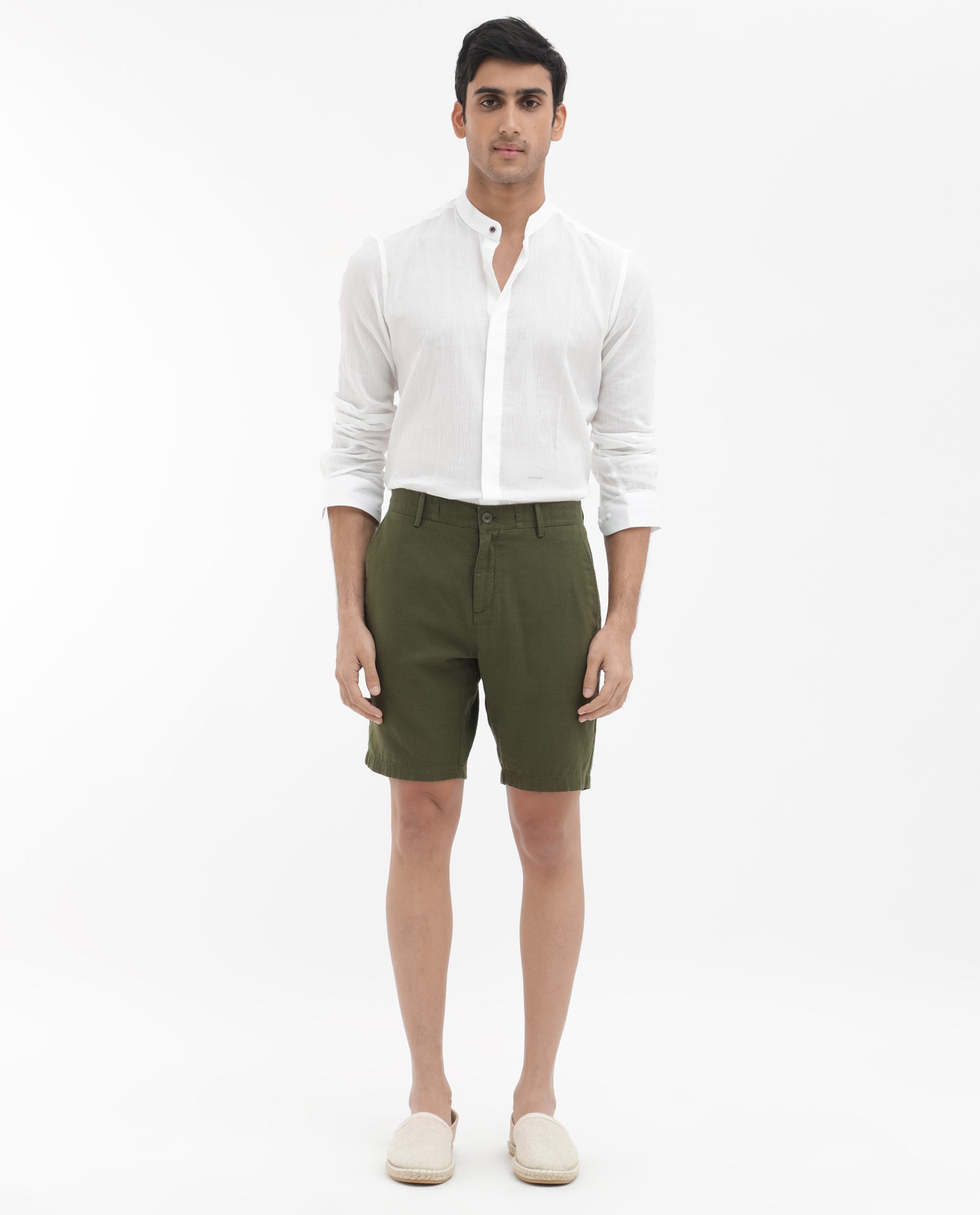 Rare Rabbit Men's Pinto Olive Cotton Fabric Knee Length Solid Shorts