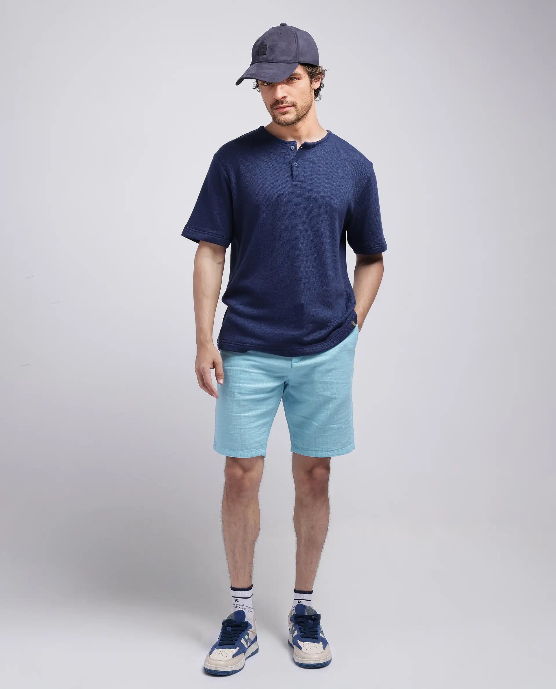 Rare Rabbit Men Pinto-25 Light Blue Cotton Fabric Drawstring Closure Knee Length Plain Shorts