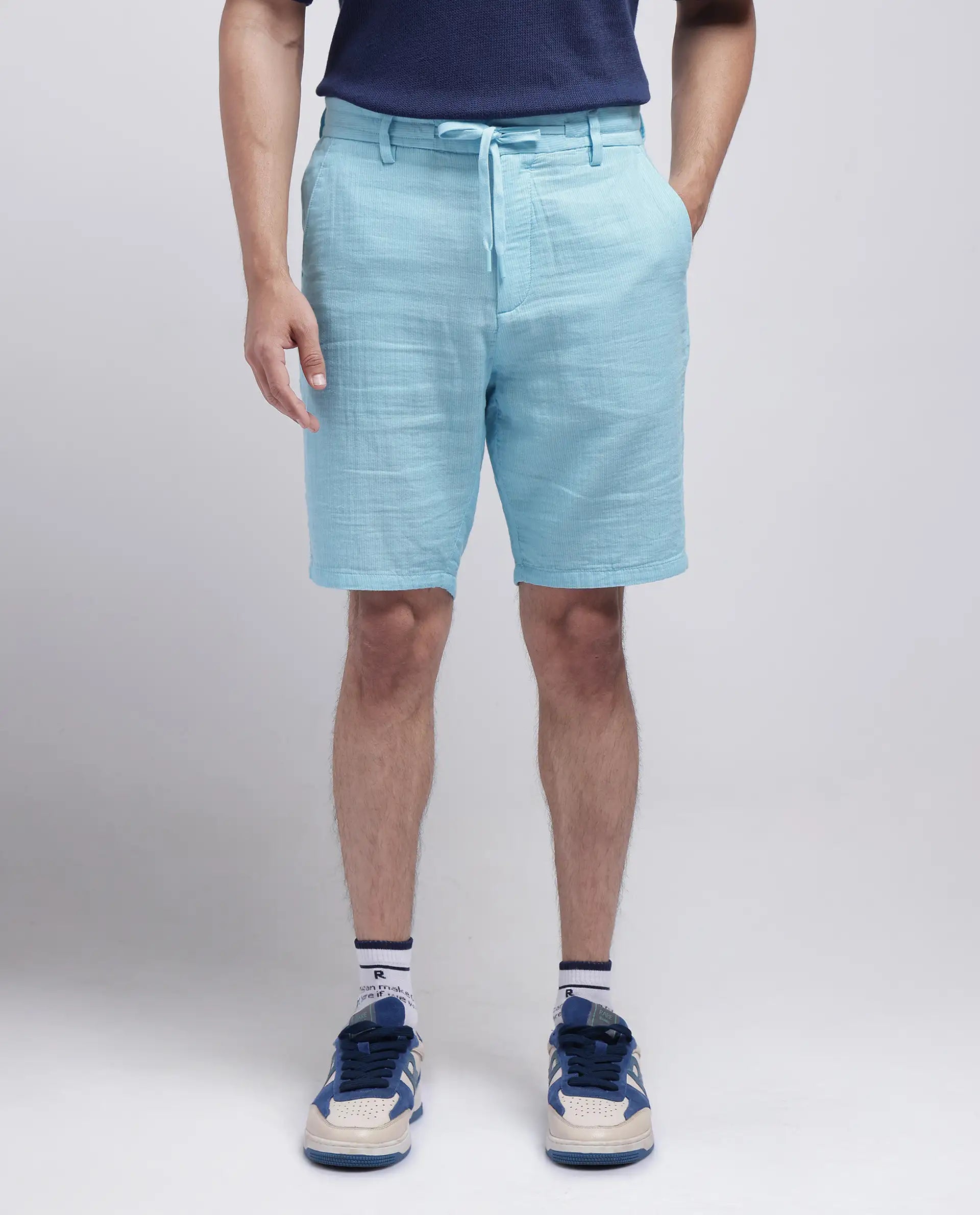 Rare Rabbit Men Pinto-25 Light Blue Cotton Fabric Drawstring Closure Knee Length Plain Shorts