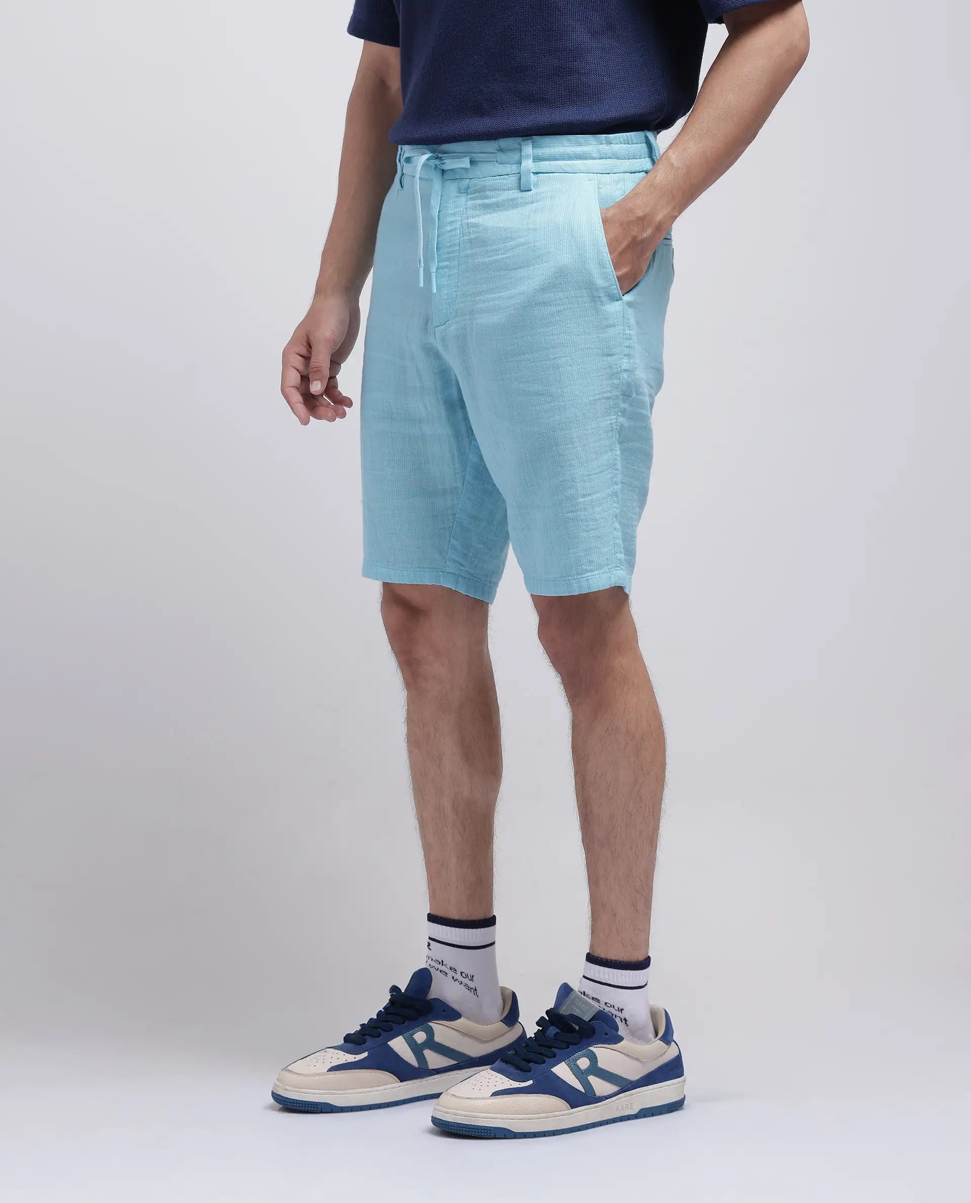 Rare Rabbit Men Pinto-25 Light Blue Cotton Fabric Drawstring Closure Knee Length Plain Shorts