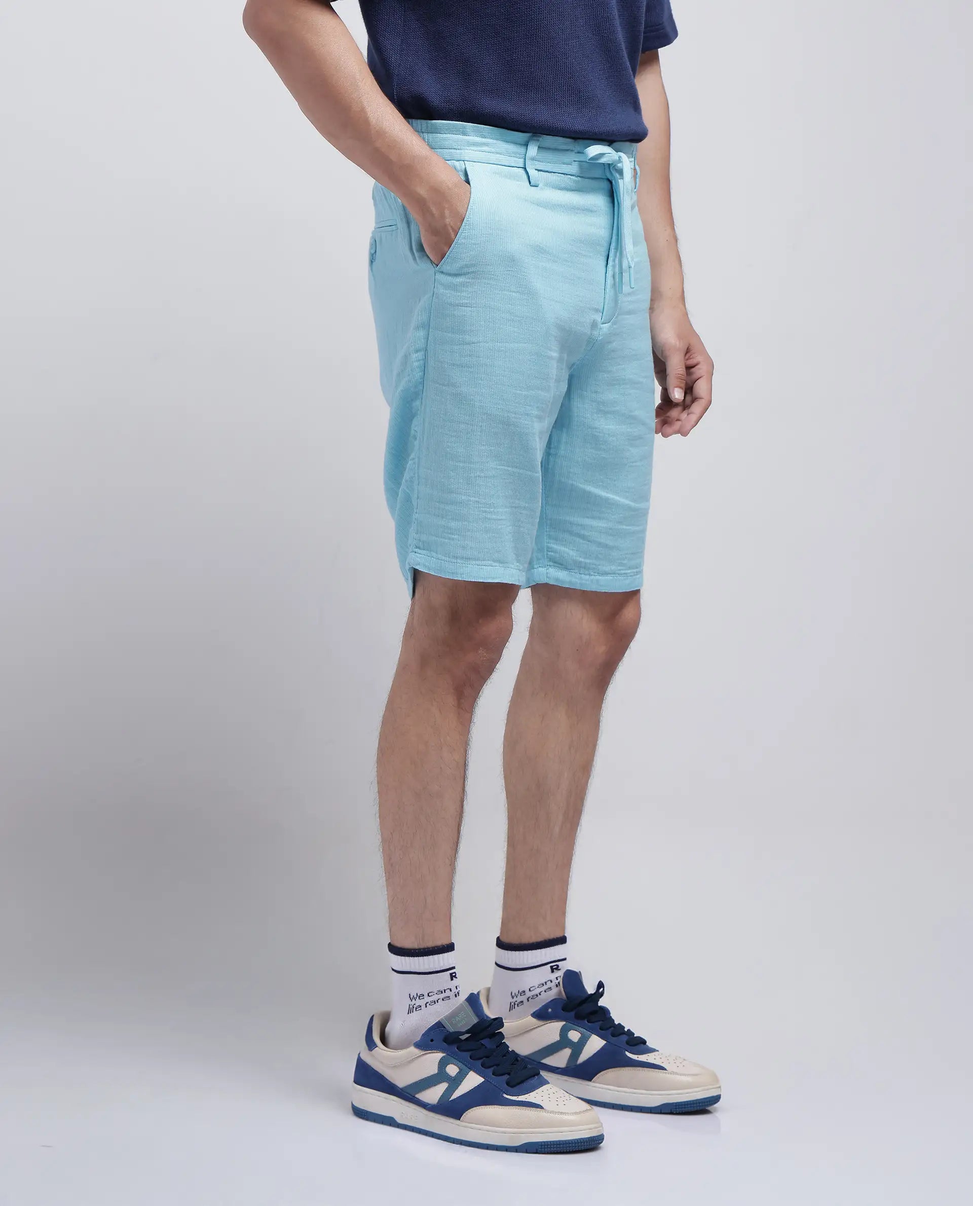 Rare Rabbit Men Pinto-25 Light Blue Cotton Fabric Drawstring Closure Knee Length Plain Shorts