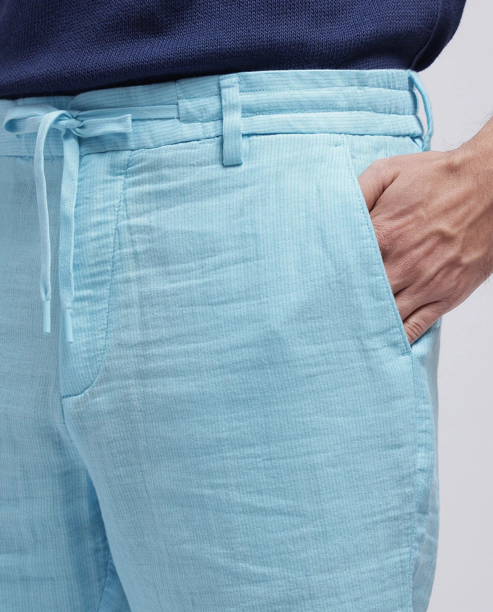 Rare Rabbit Men Pinto-25 Light Blue Cotton Fabric Drawstring Closure Knee Length Plain Shorts