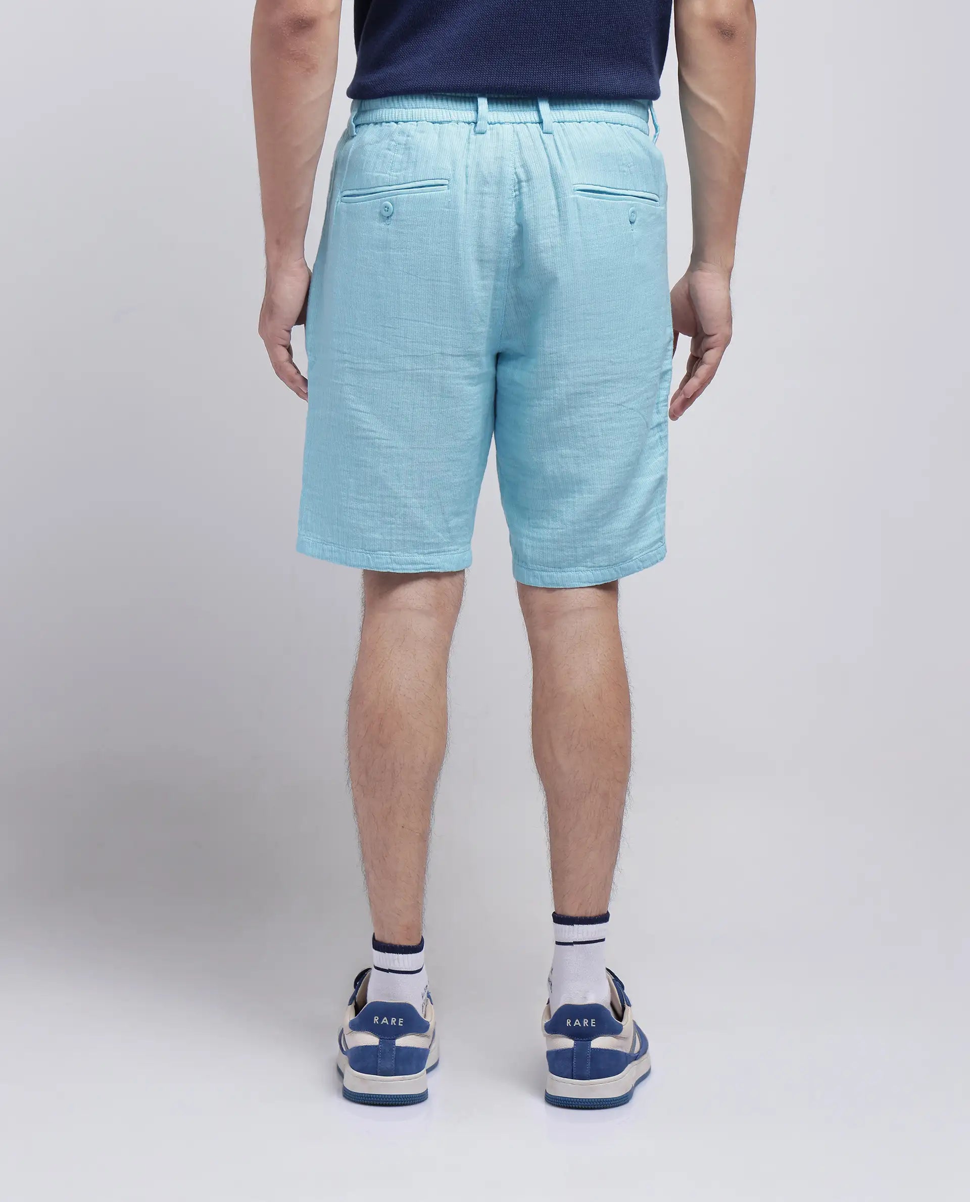 Rare Rabbit Men Pinto-25 Light Blue Cotton Fabric Drawstring Closure Knee Length Plain Shorts