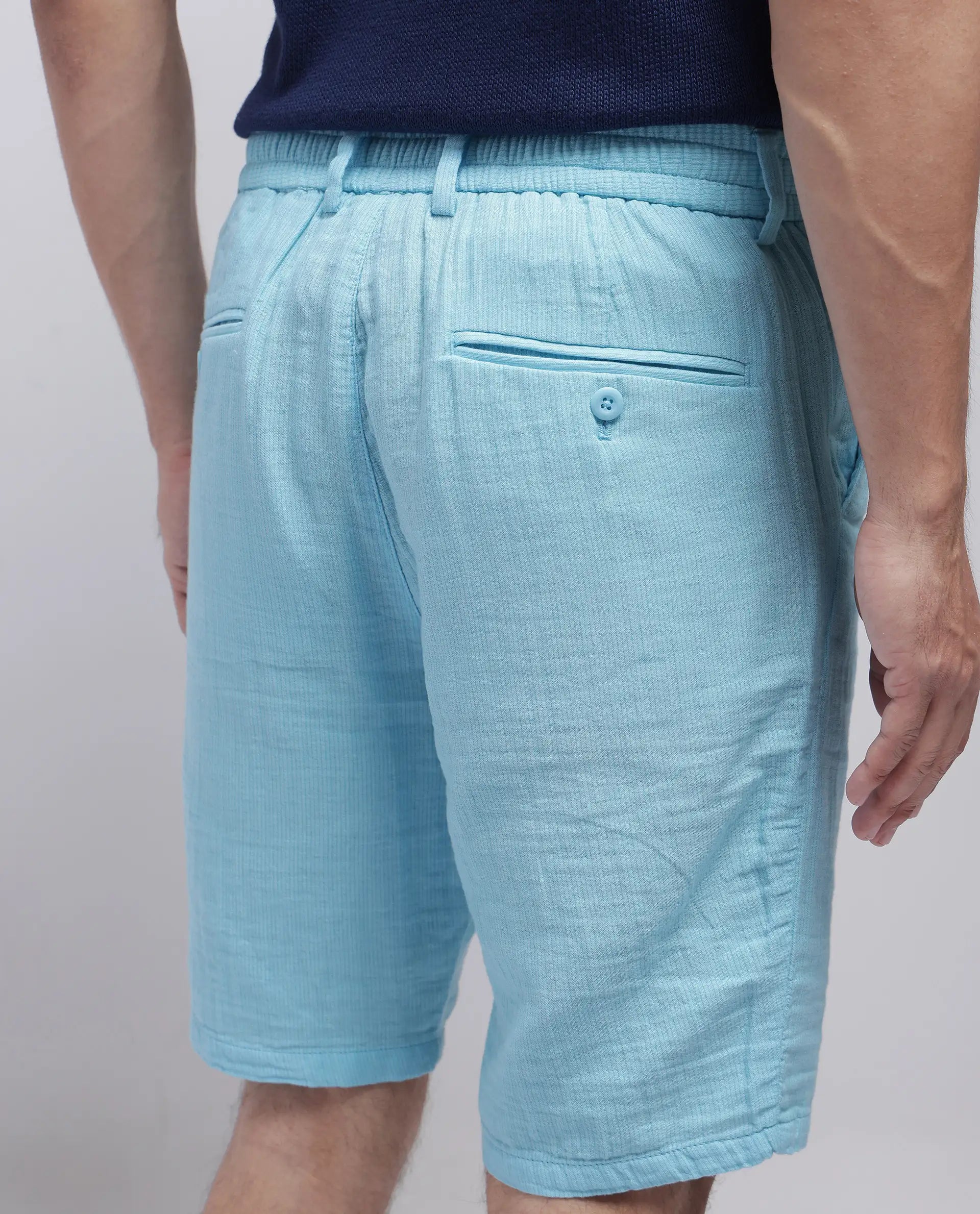 Rare Rabbit Men Pinto-25 Light Blue Cotton Fabric Drawstring Closure Knee Length Plain Shorts