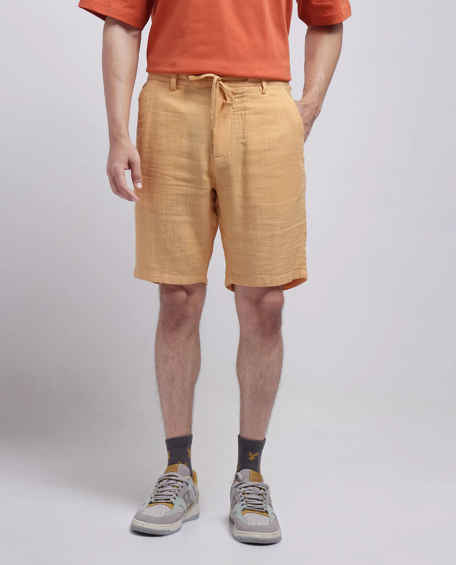 Rare Rabbit Men Pinto-25 Yellow Cotton Elastane Fabric Plain Shorts
