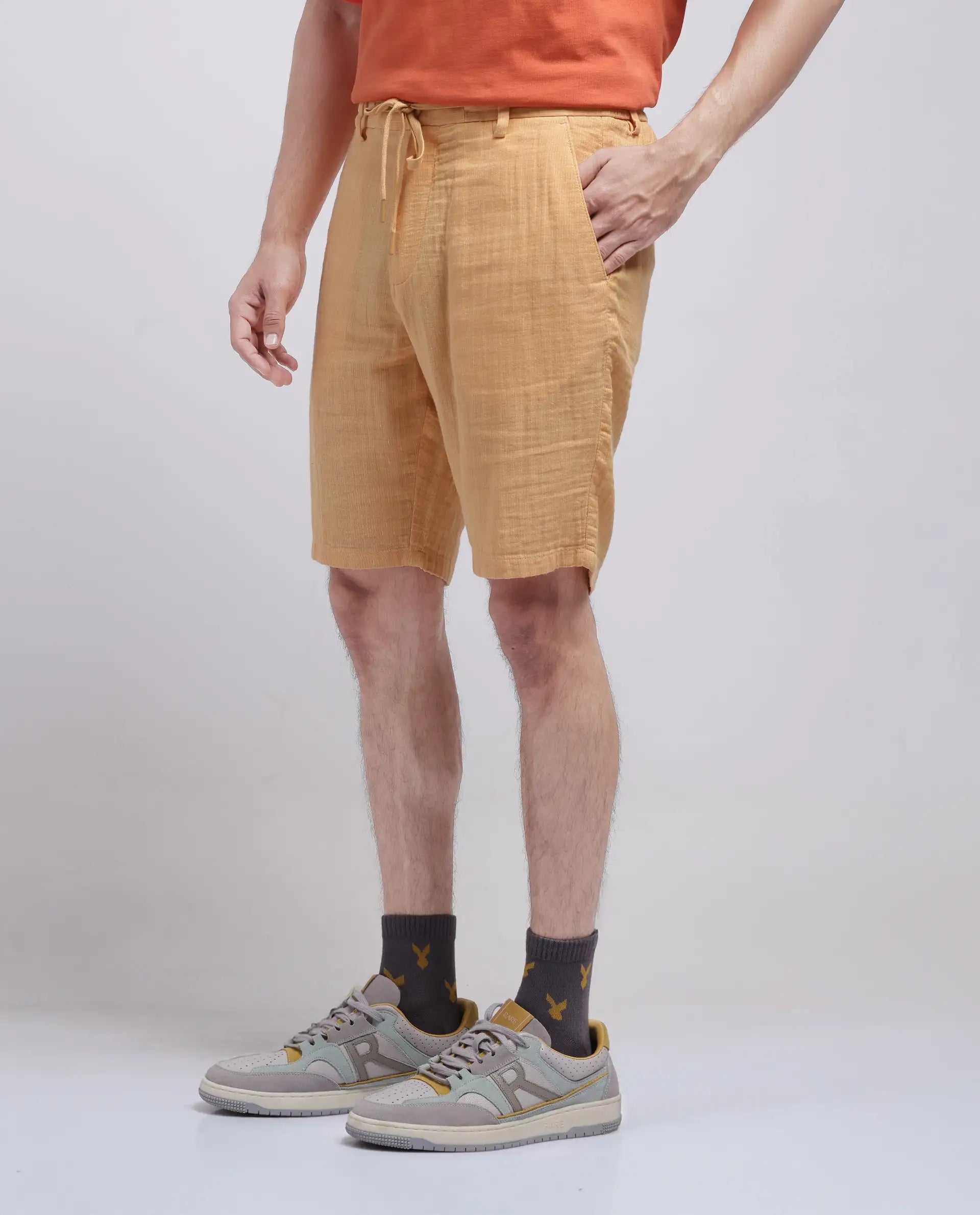 Rare Rabbit Men Pinto-25 Yellow Cotton Elastane Fabric Plain Shorts