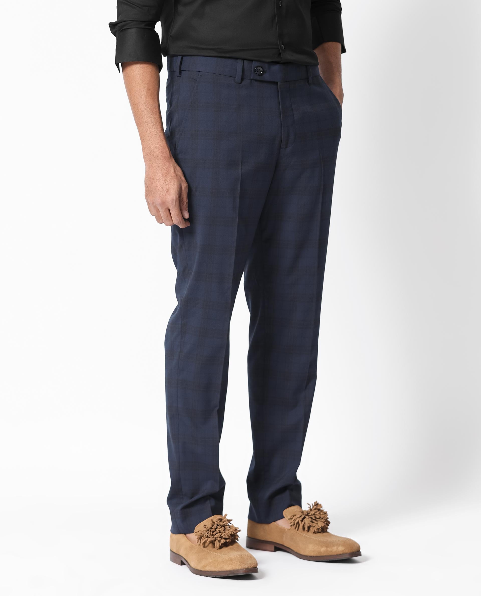 Rare Rabbit Men's Mack Dark Navy Polyester Viscose Fabric Notch Lapel Button Closure Single Breasted Dupplin Checks Suits