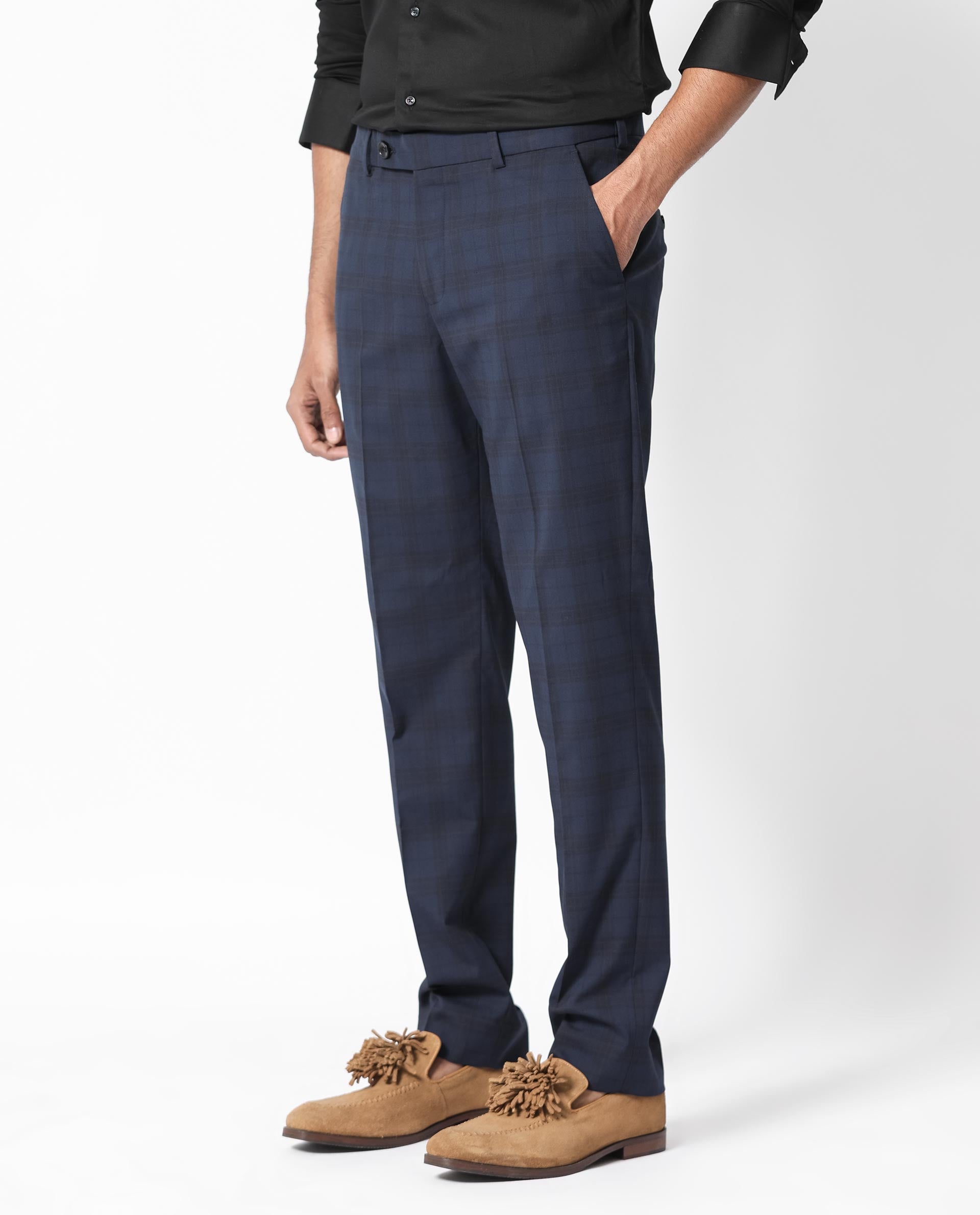 Rare Rabbit Men's Mack Dark Navy Polyester Viscose Fabric Notch Lapel Button Closure Single Breasted Dupplin Checks Suits