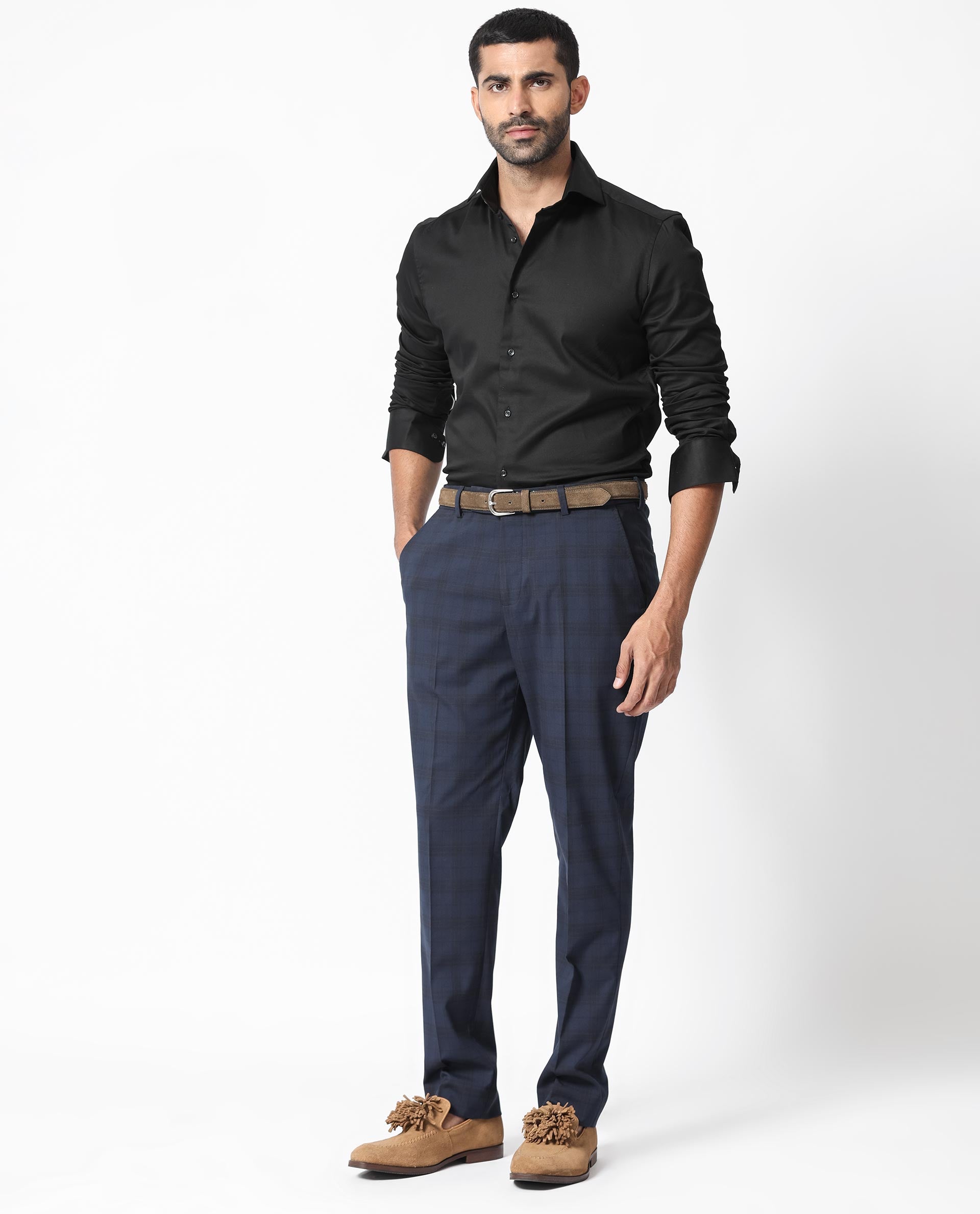 Rare Rabbit Men's Mack Dark Navy Polyester Viscose Fabric Notch Lapel Button Closure Single Breasted Dupplin Checks Suits