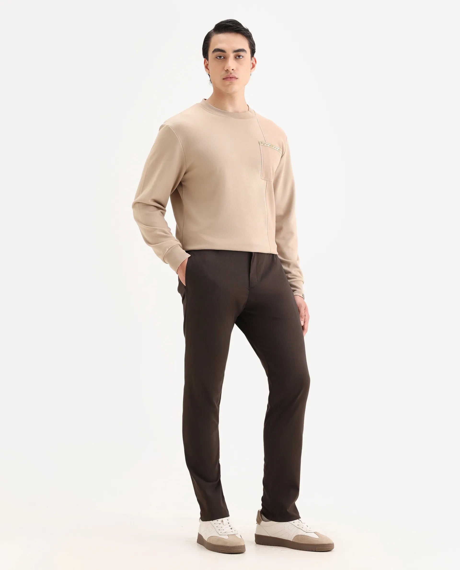 Rare Rabbit Men's Piper Brown Polyester Striped Print Regular Fit Trouser