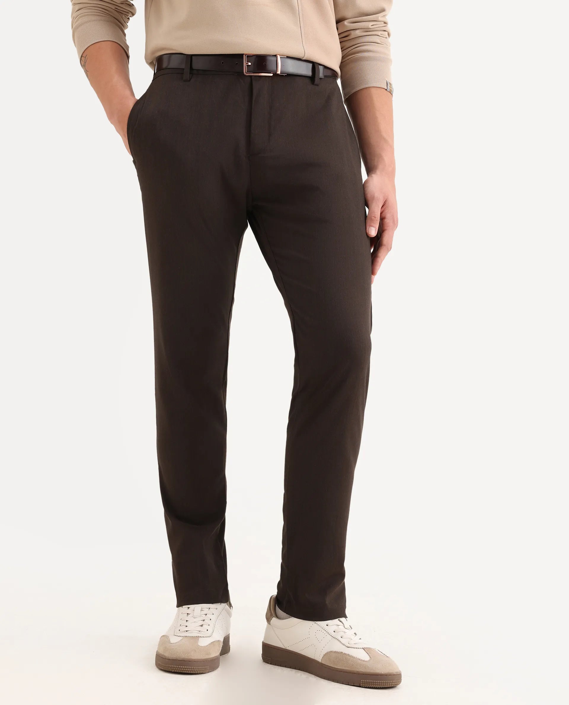 Rare Rabbit Men's Piper Brown Polyester Striped Print Regular Fit Trouser