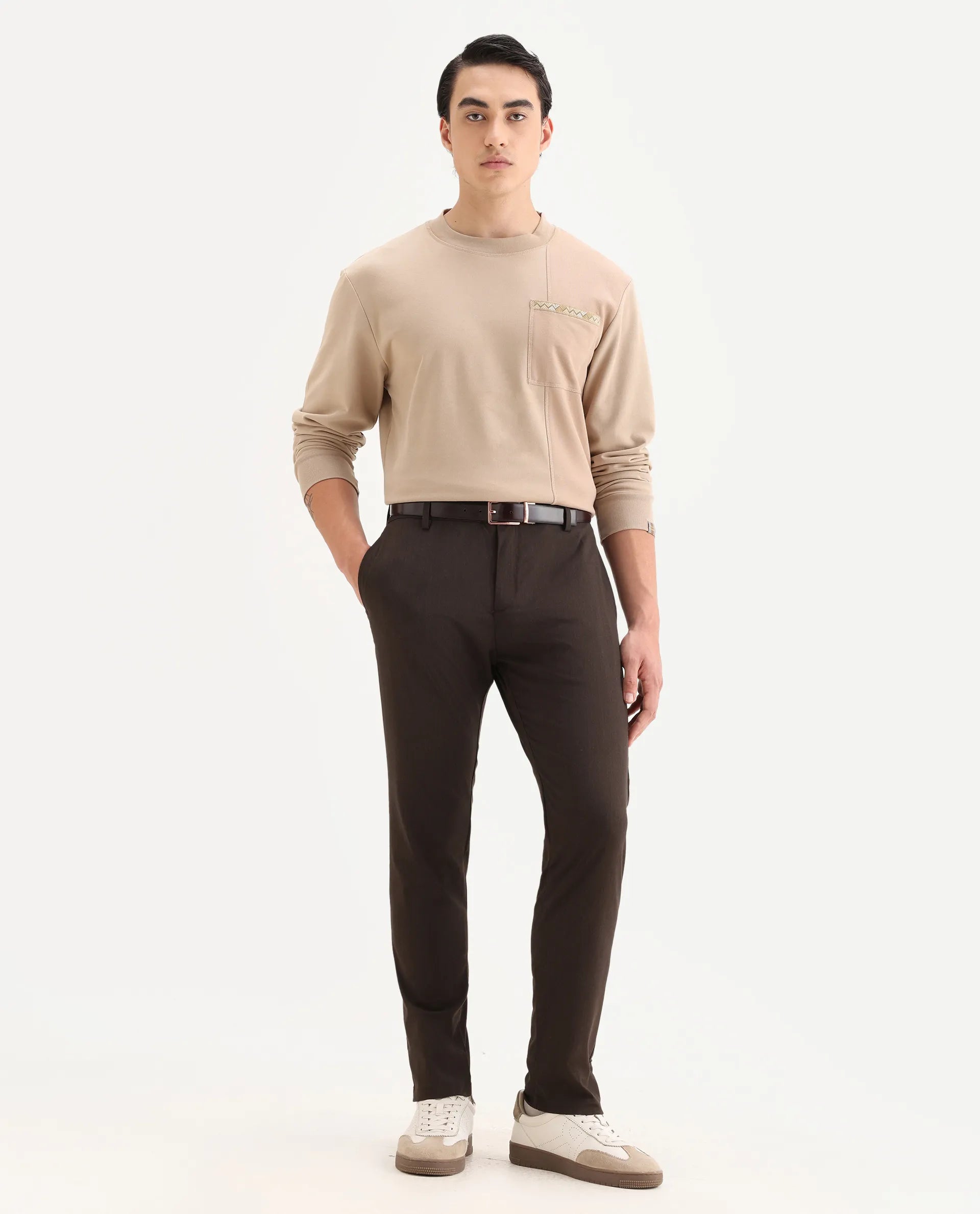 Rare Rabbit Men's Piper Brown Polyester Striped Print Regular Fit Trouser