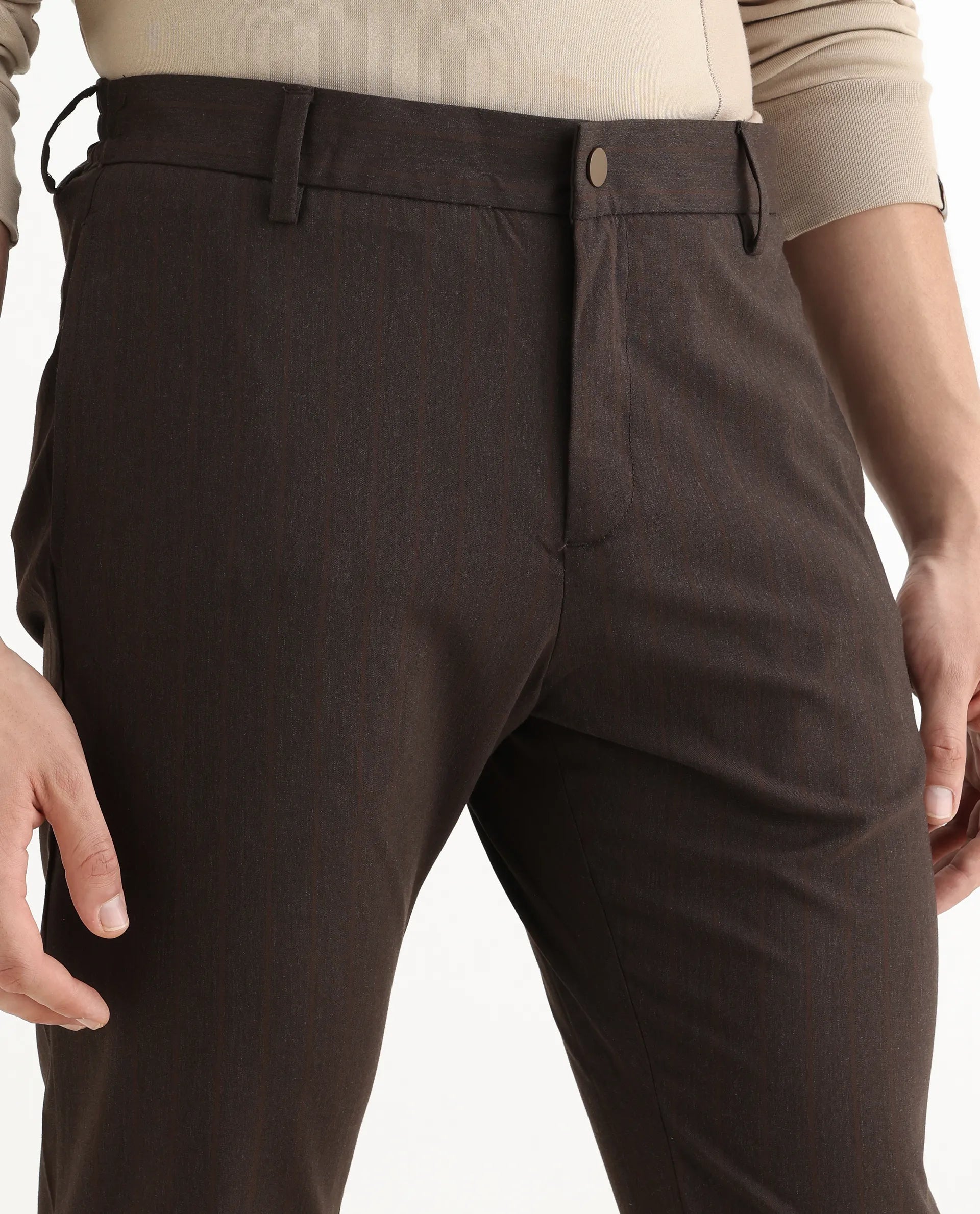 Rare Rabbit Men's Piper Brown Polyester Striped Print Regular Fit Trouser