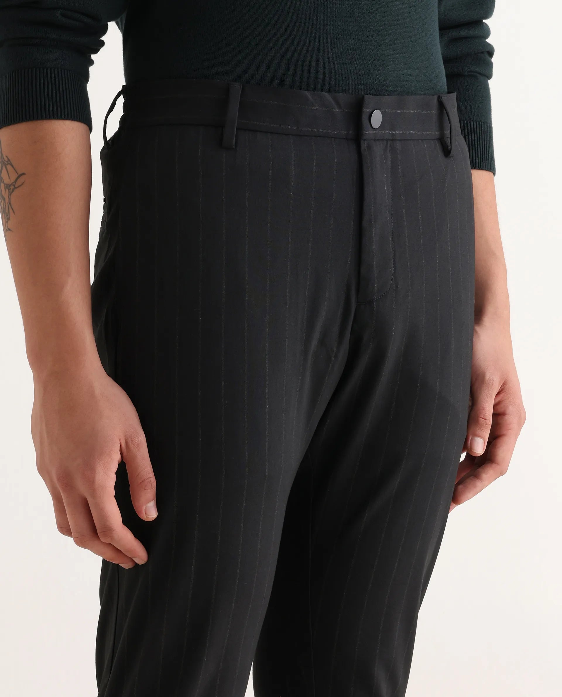 Rare Rabbit Men's Piper Navy Polyester Striped Print Regular Fit Trouser