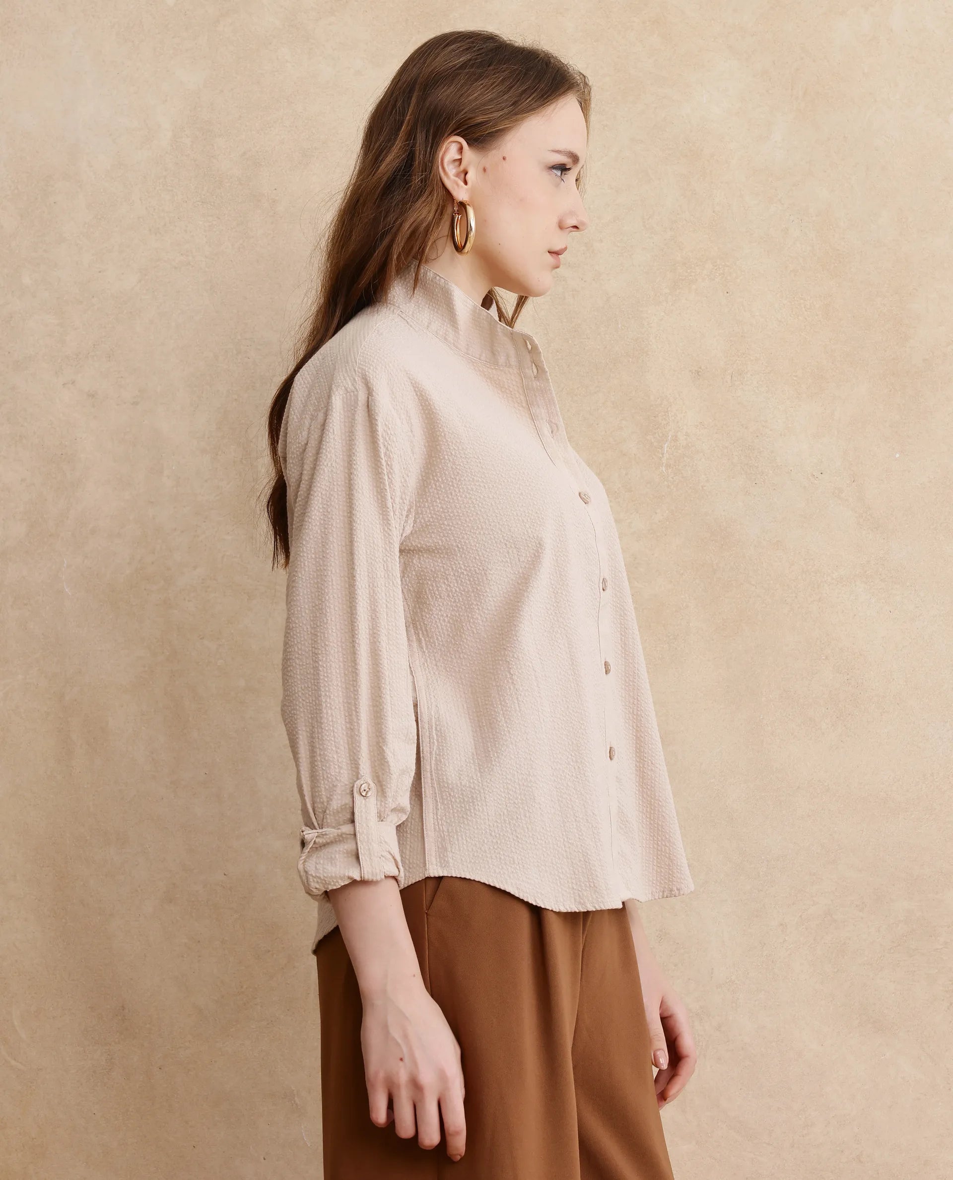 Rareism Women Pipti Beige Cuffed Sleeve Collared Neck Button Closure Plain Shirt