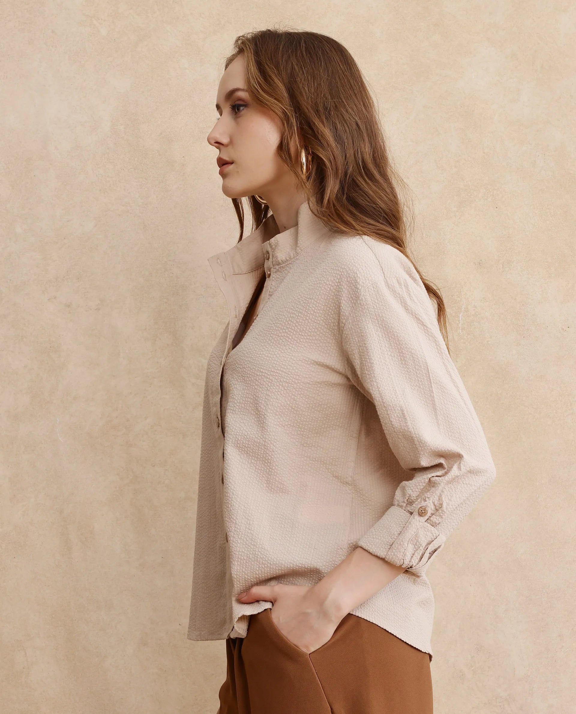 Rareism Women Pipti Beige Cuffed Sleeve Collared Neck Button Closure Plain Shirt