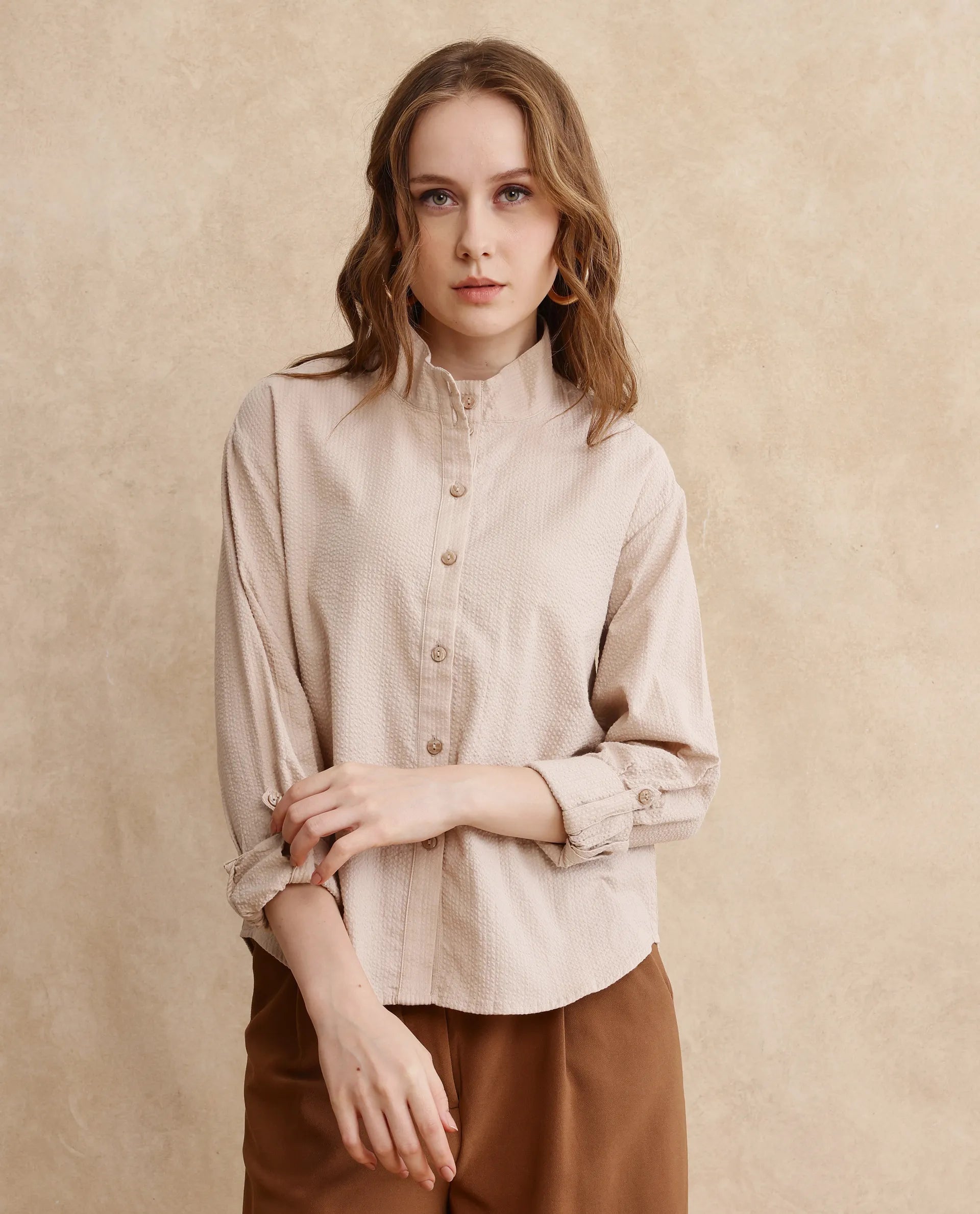 Rareism Women Pipti Beige Cuffed Sleeve Collared Neck Button Closure Plain Shirt