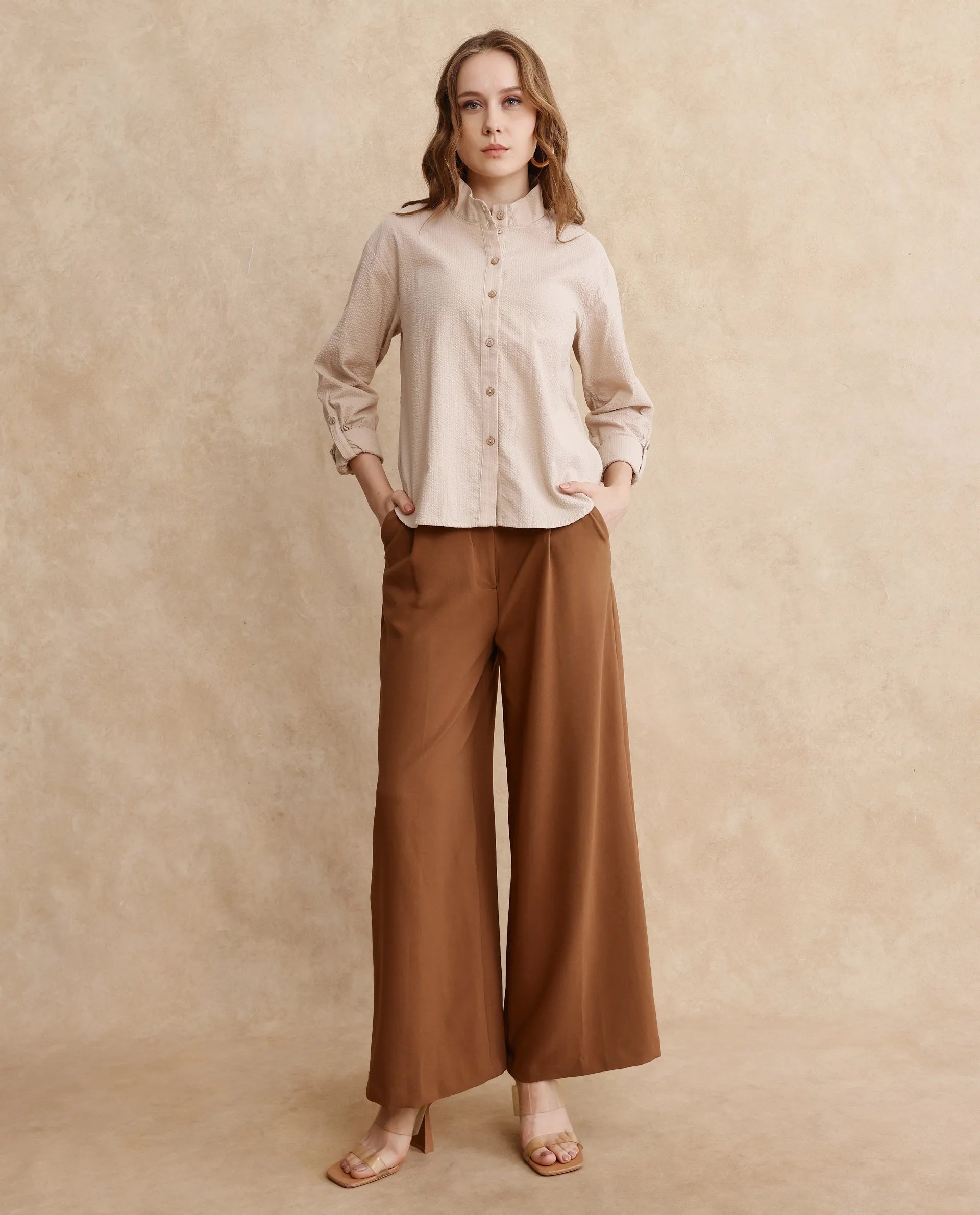 Rareism Women Pipti Beige Cuffed Sleeve Collared Neck Button Closure Plain Shirt