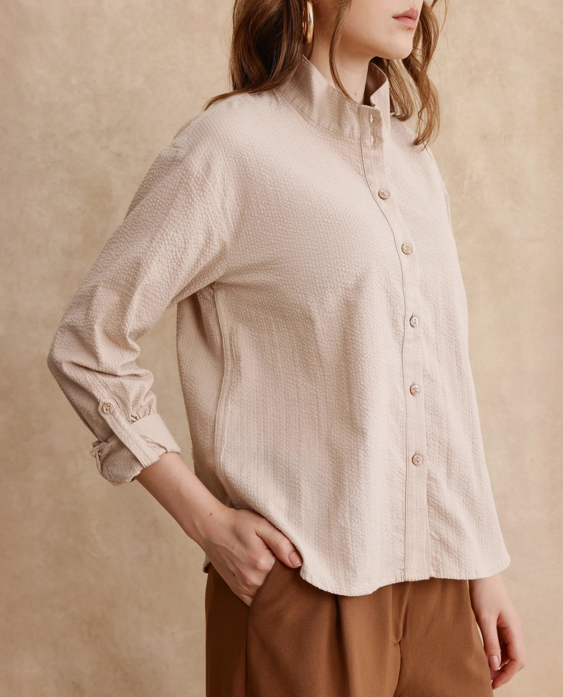 Rareism Women Pipti Beige Cuffed Sleeve Collared Neck Button Closure Plain Shirt