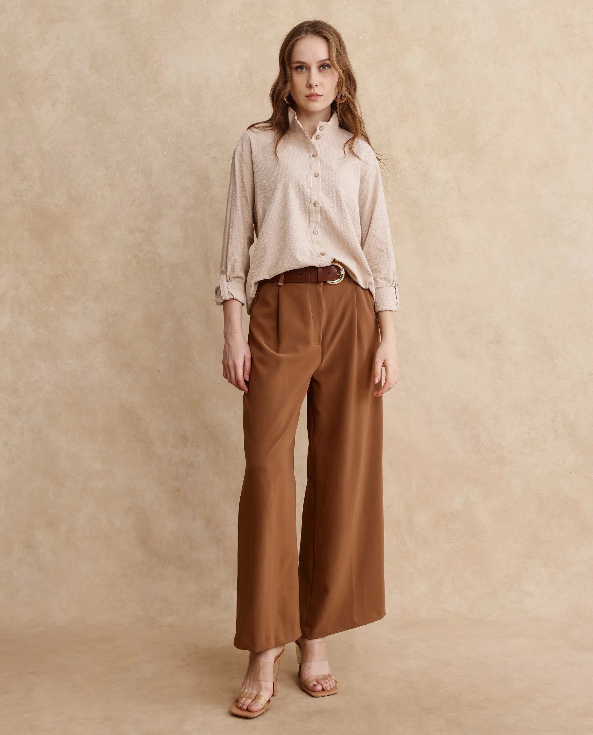 Rareism Women Pipti Beige Cuffed Sleeve Collared Neck Button Closure Plain Shirt