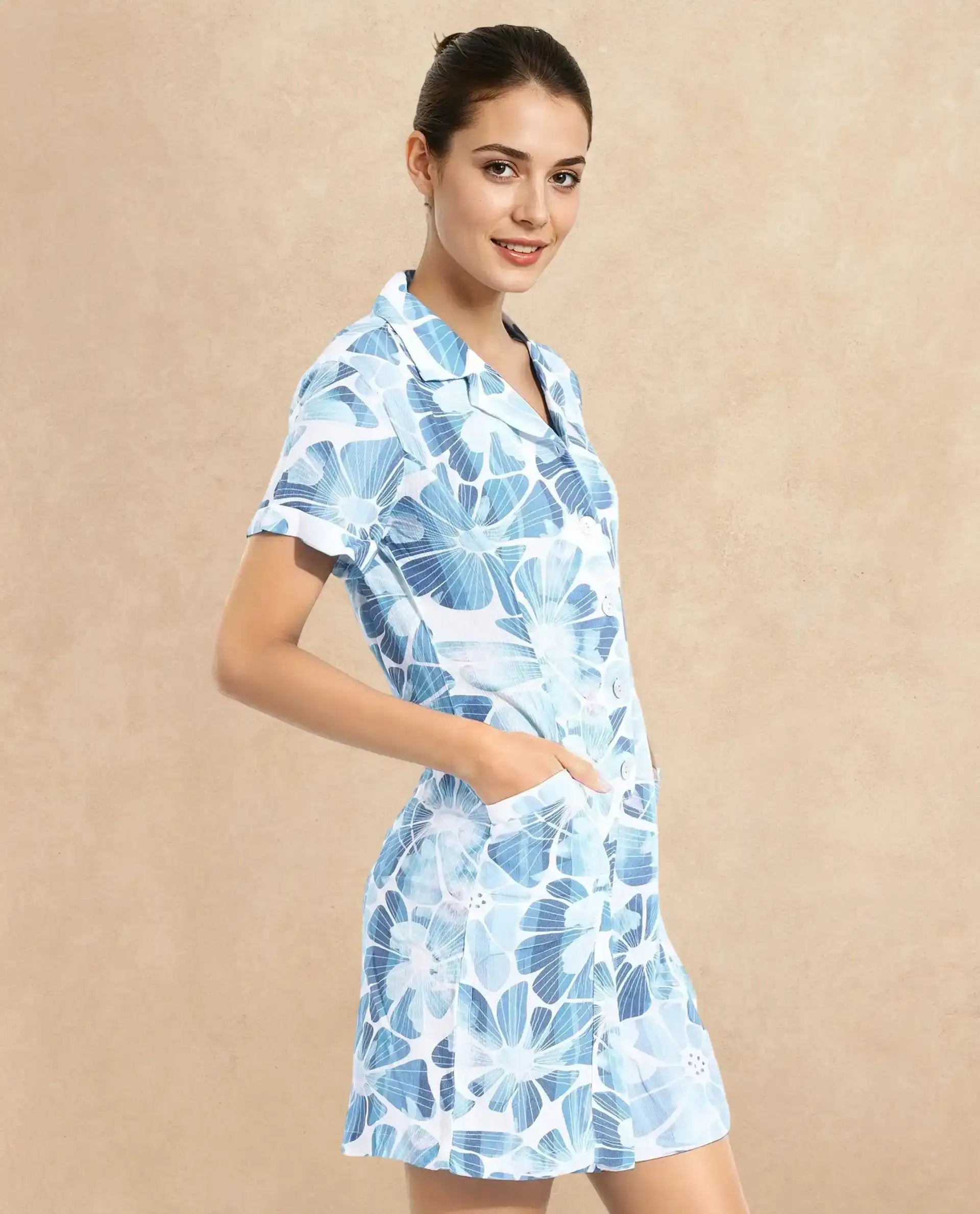 Rareism Women Pisa Light Blue Full Sleeve Lapel Neck Floral Print Knee Length Dress